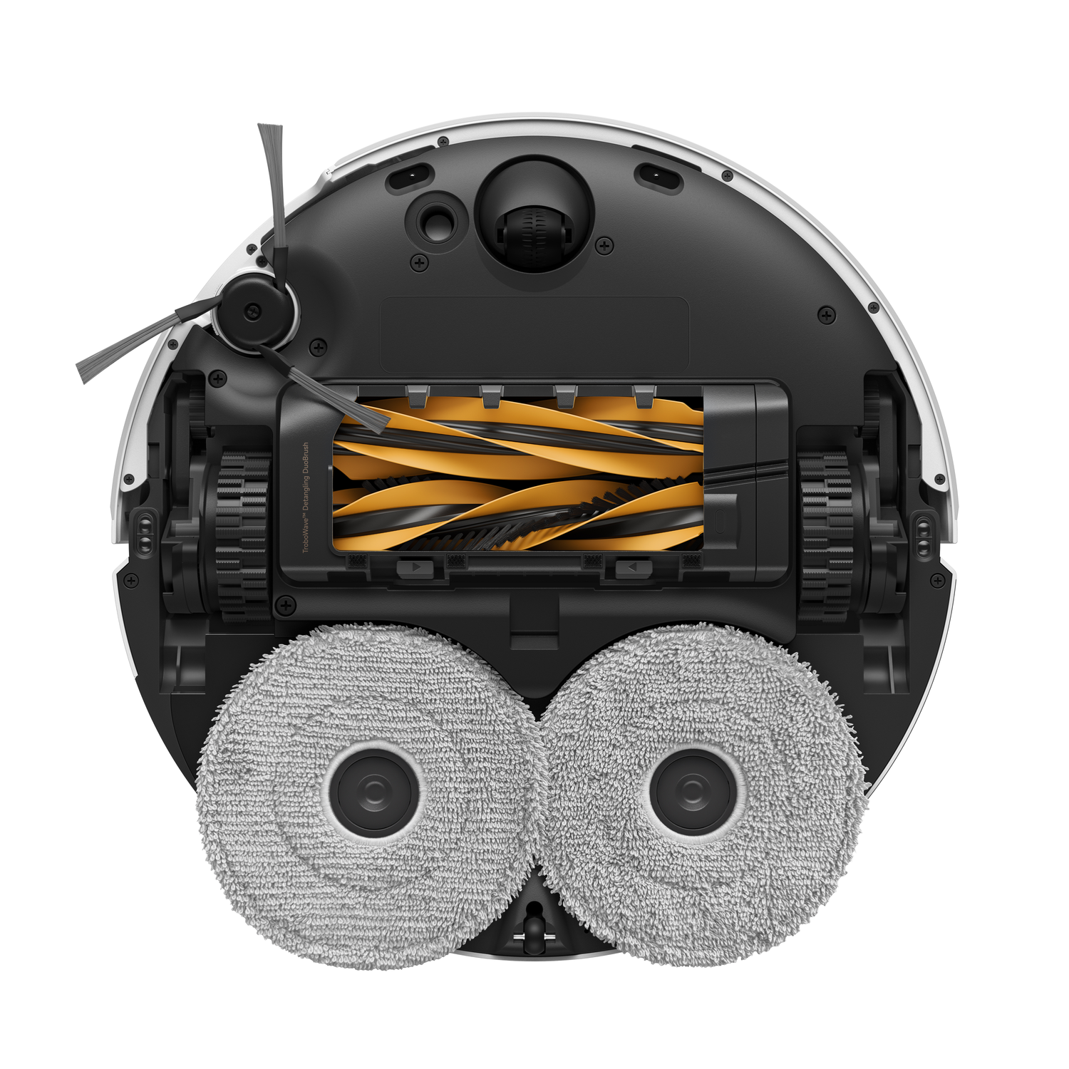 Robot vacuum cleaner, top view. Features include cleaning brushes, dustbin, two circular mopping pads, and black and yellow brushes.