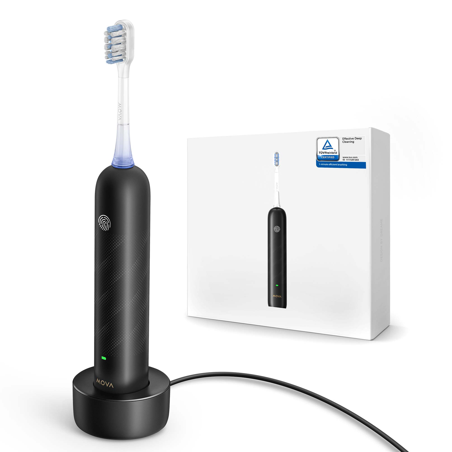 Black MOVA electric toothbrush on a charging base, a box with a toothbrush image, and a TUV Rheinland sticker.