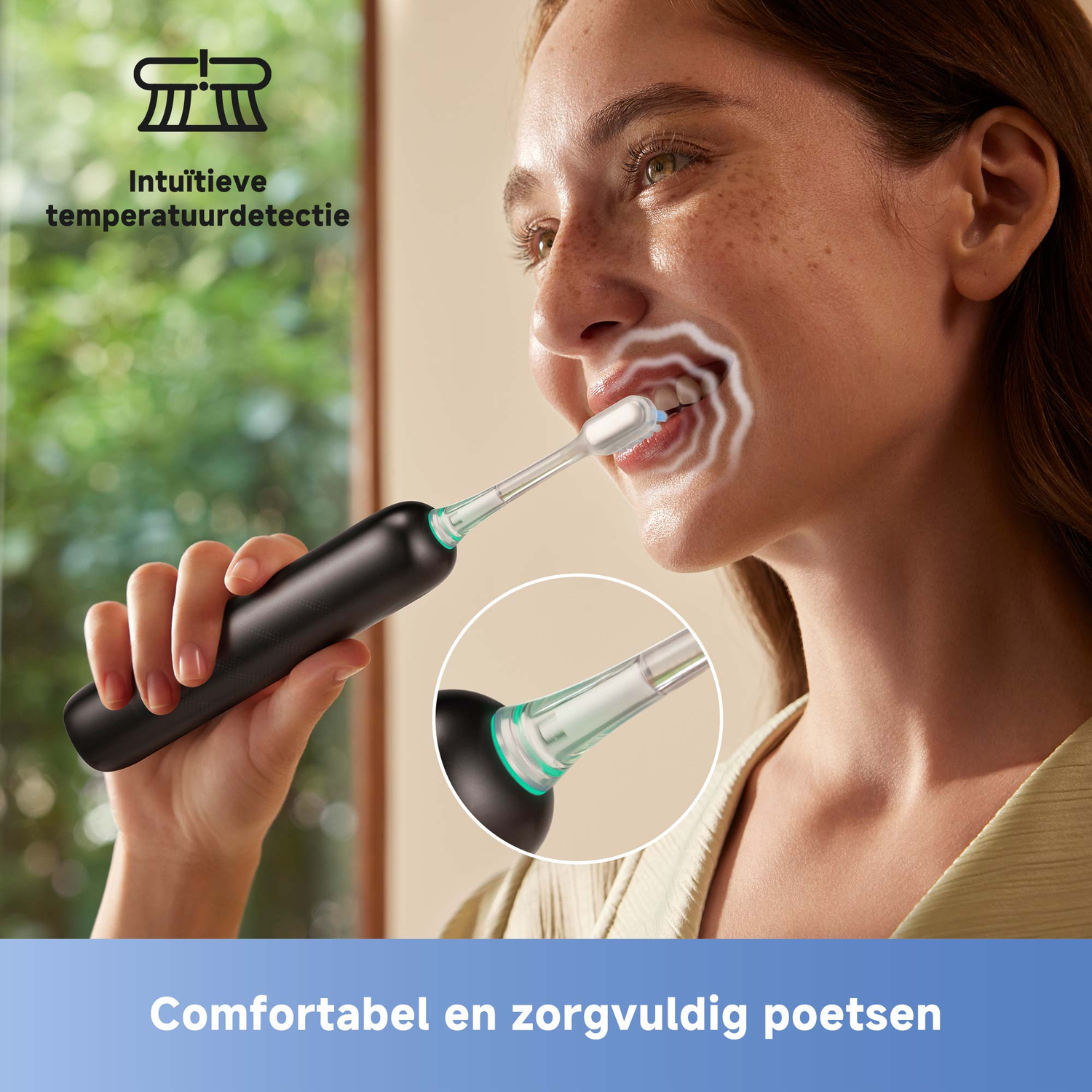A woman brushes her teeth with a black electric toothbrush. The image highlights the toothbrush and the woman's face.
