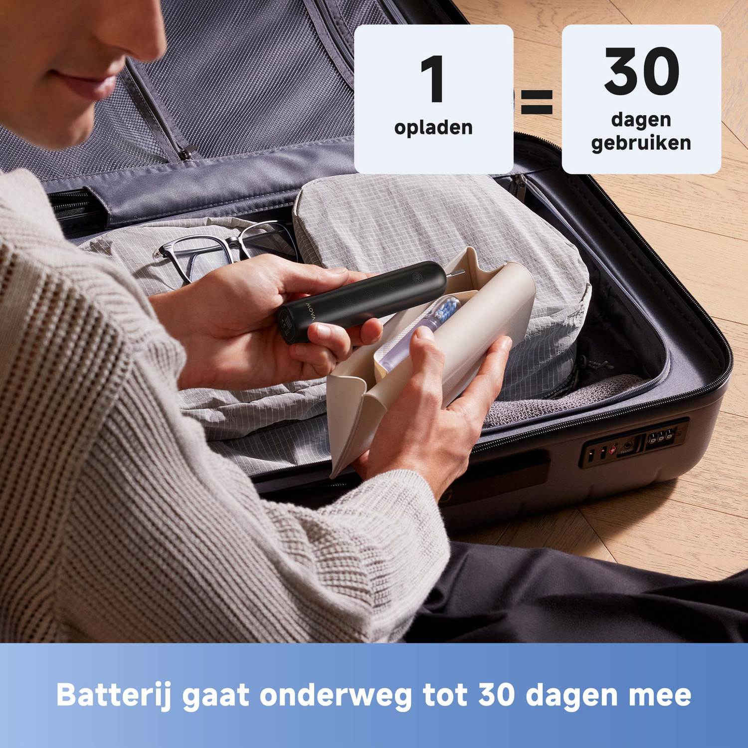 Person packing a suitcase, holding a black device and a beige case. Text indicates 1 charge for 30 days of use.