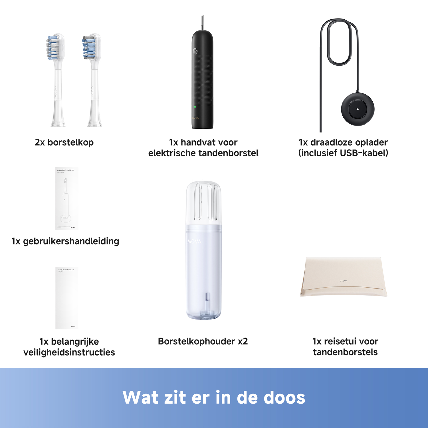 An image showing components of an electric toothbrush: brush heads, handle, charger, manuals, holder, and travel case.