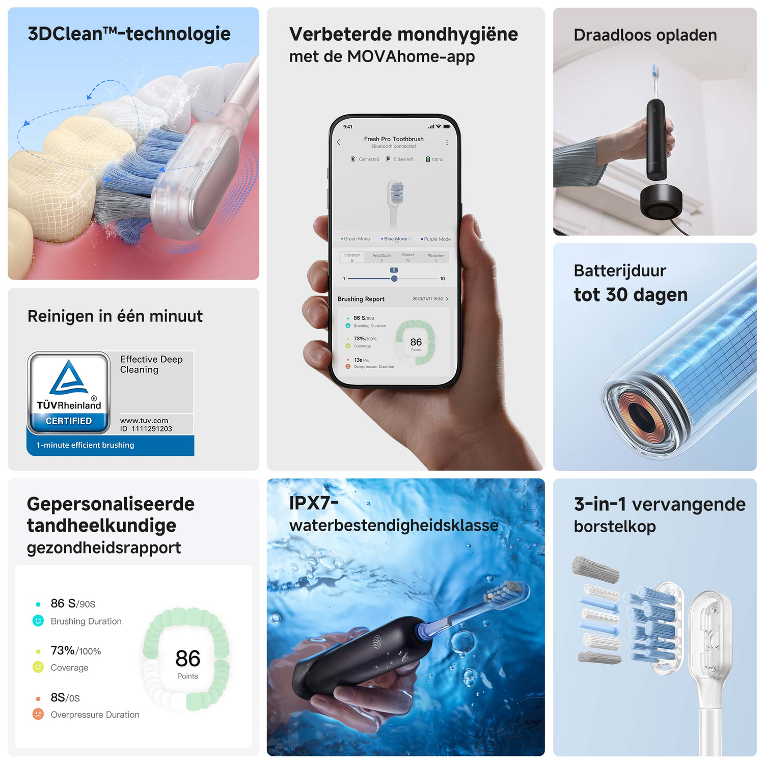 Electric toothbrush with features: wireless charging, app, and replacement brush heads. Shows cleaning report and battery life.