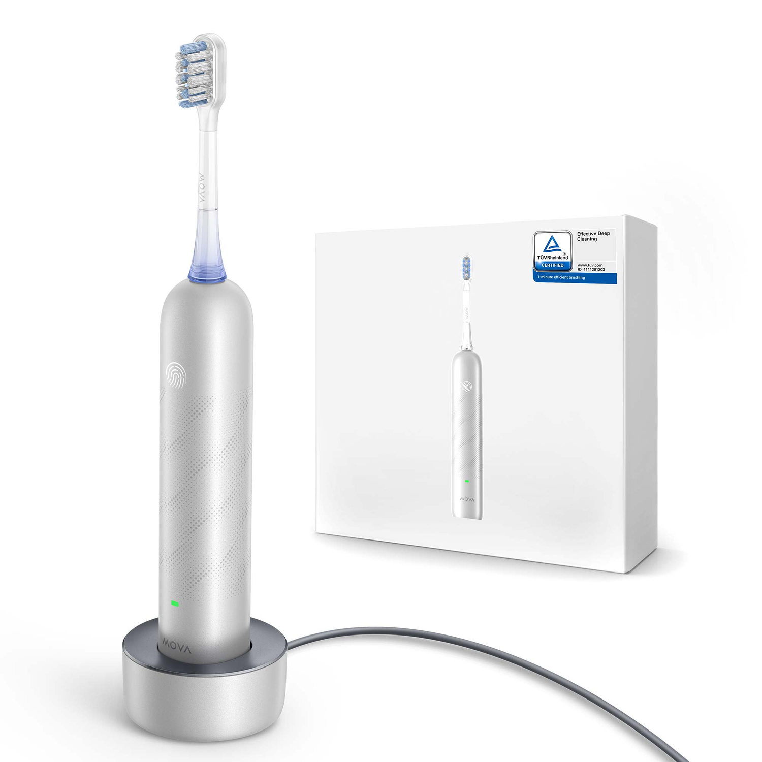 An electric toothbrush in a charging base next to the box. White toothbrush with a gray base. The box has a certificate.