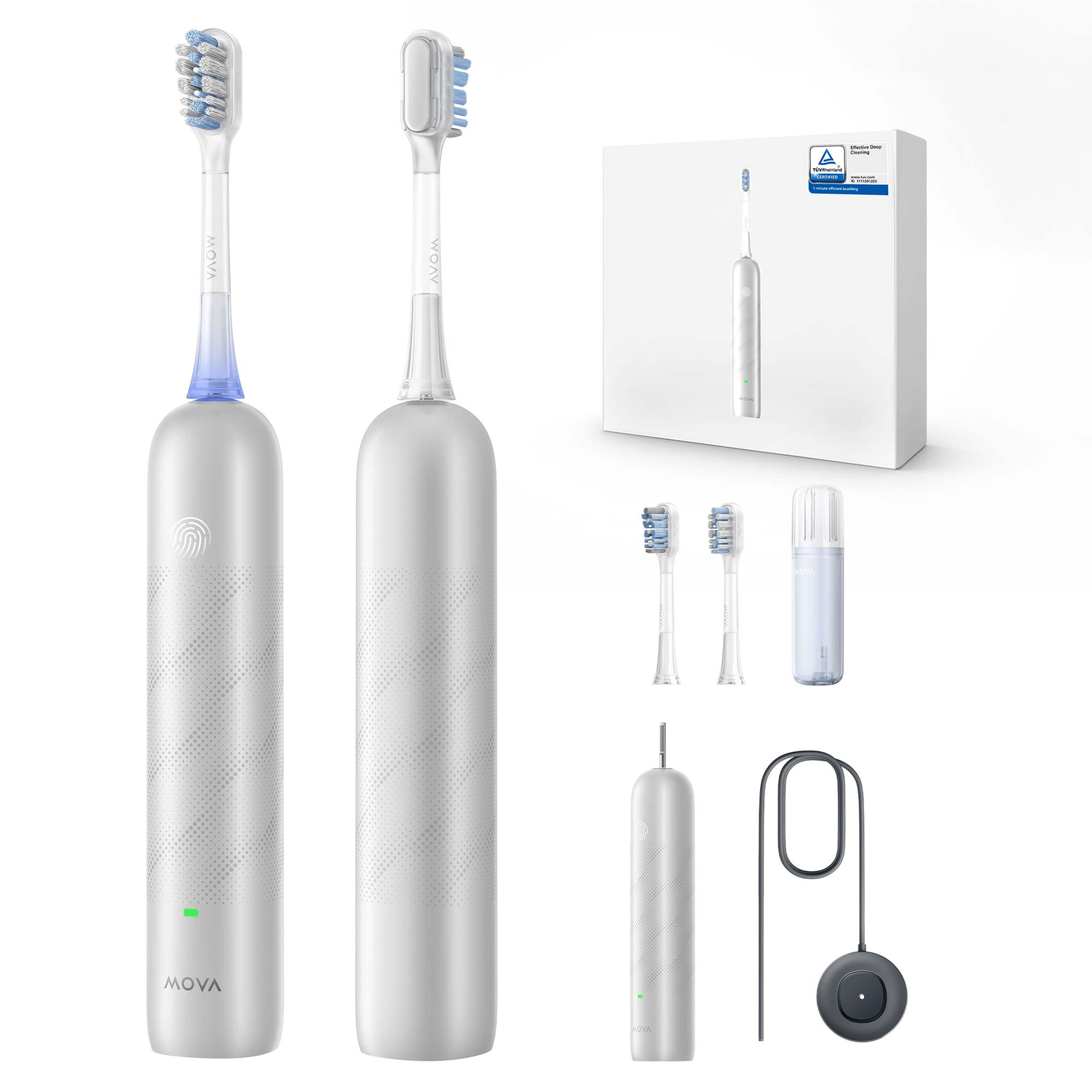 An electric toothbrush set. Includes two toothbrushes, extra brush heads, a charging base, and a travel case, all white.