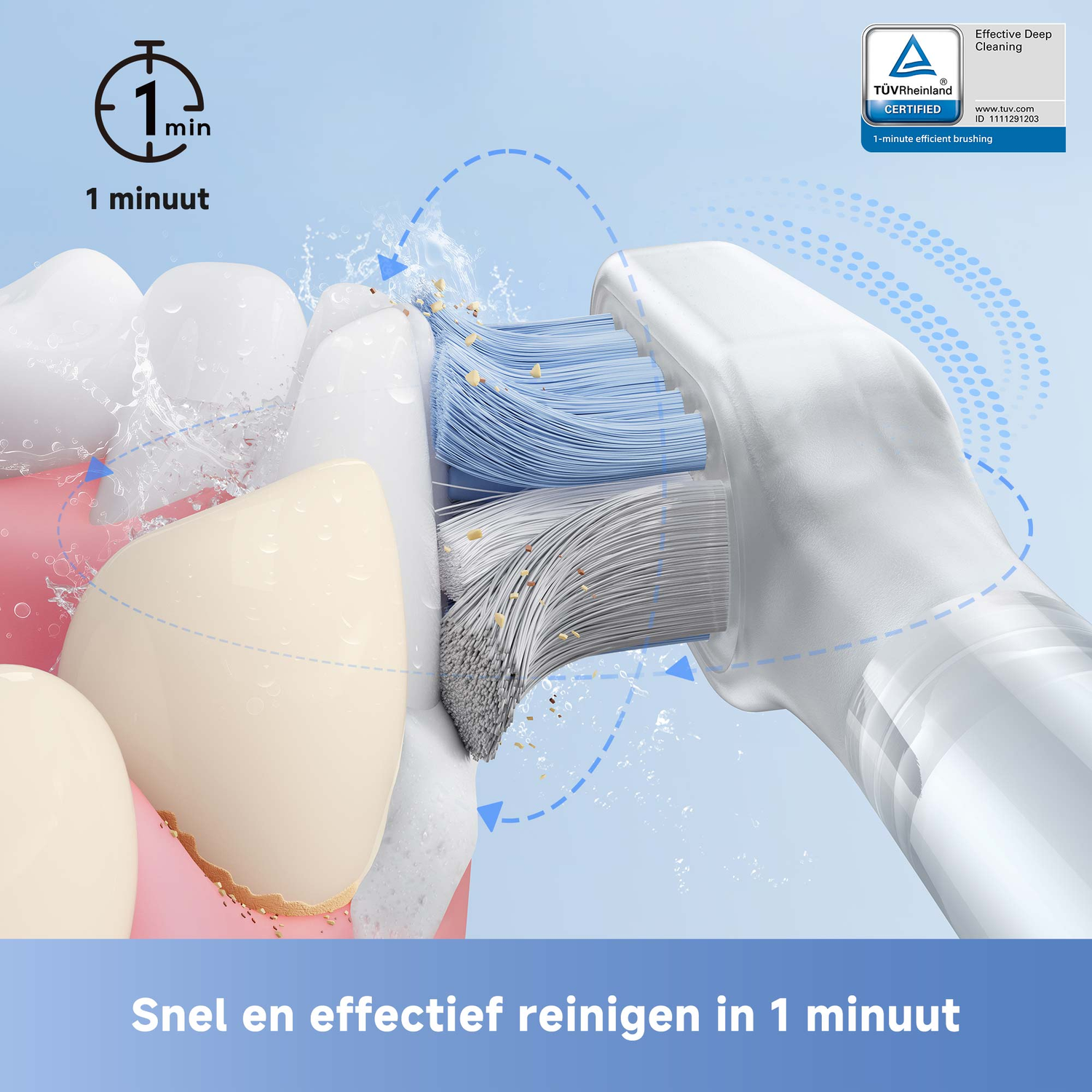 An electric toothbrush cleaning teeth, water splashing. The text says 'Snel en effectief reinigen in 1 minuut' and '1 minuut'.