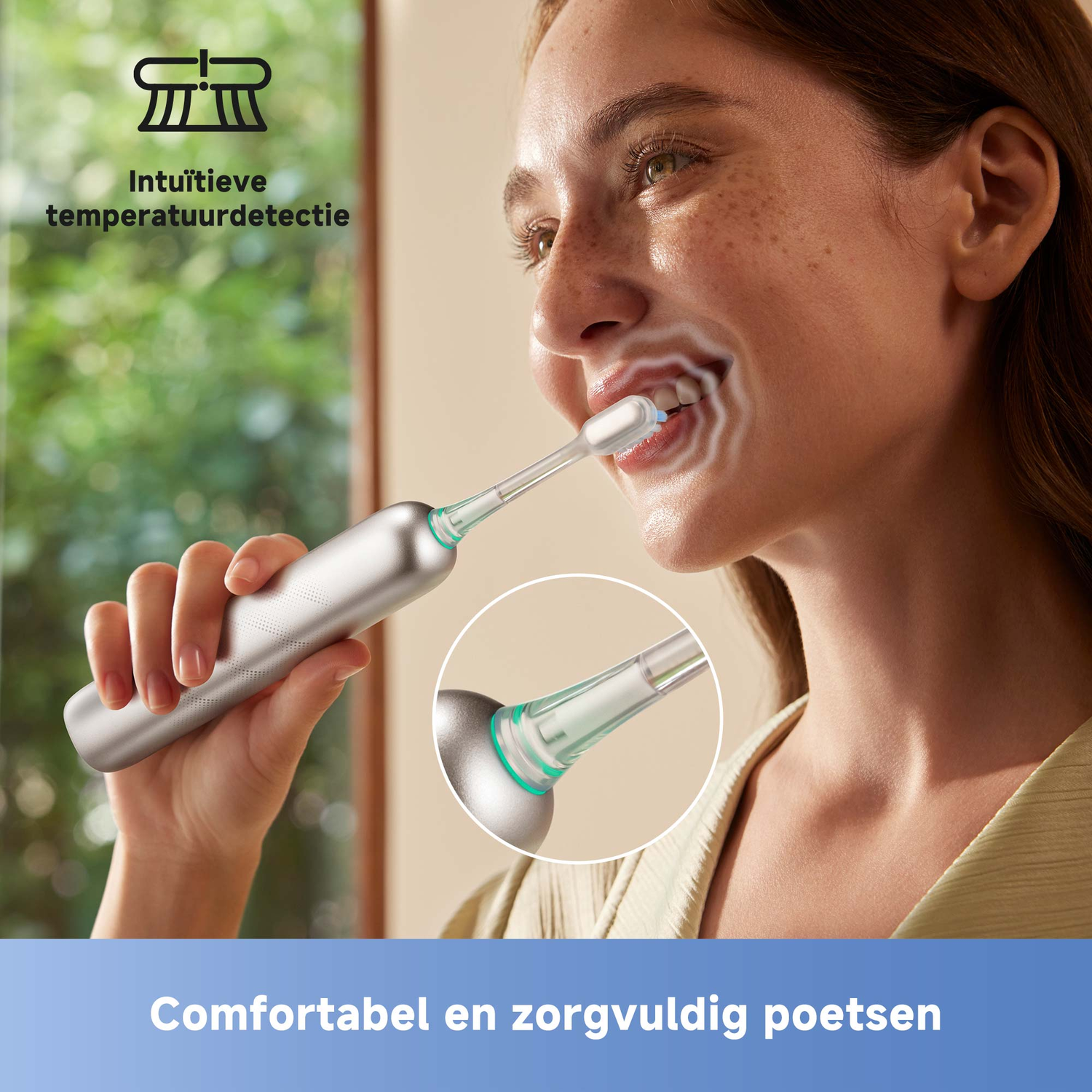 A woman brushes her teeth with a silver electric toothbrush. Steam-like effect shows toothbrush action. Text reads 'Comfortable and careful brushing'.