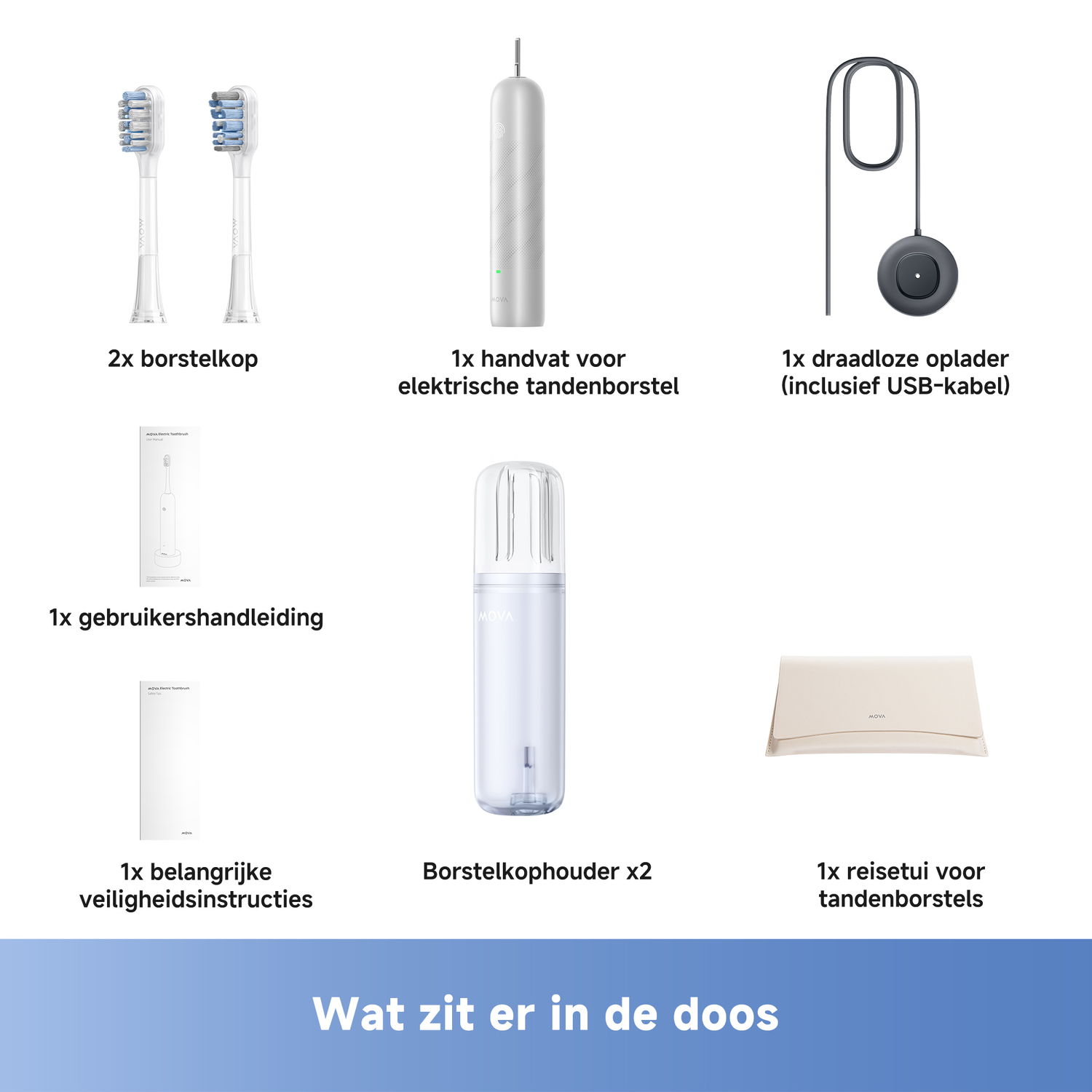 The image shows the contents of a box, including toothbrush heads, a handle, a charger, manuals, a holder, and a travel case.