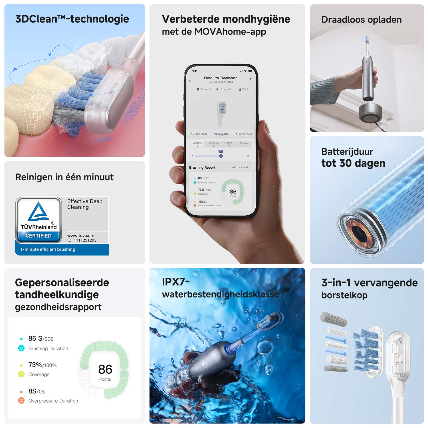 An electric toothbrush and its features, including wireless charging, brushing report, and water resistance.