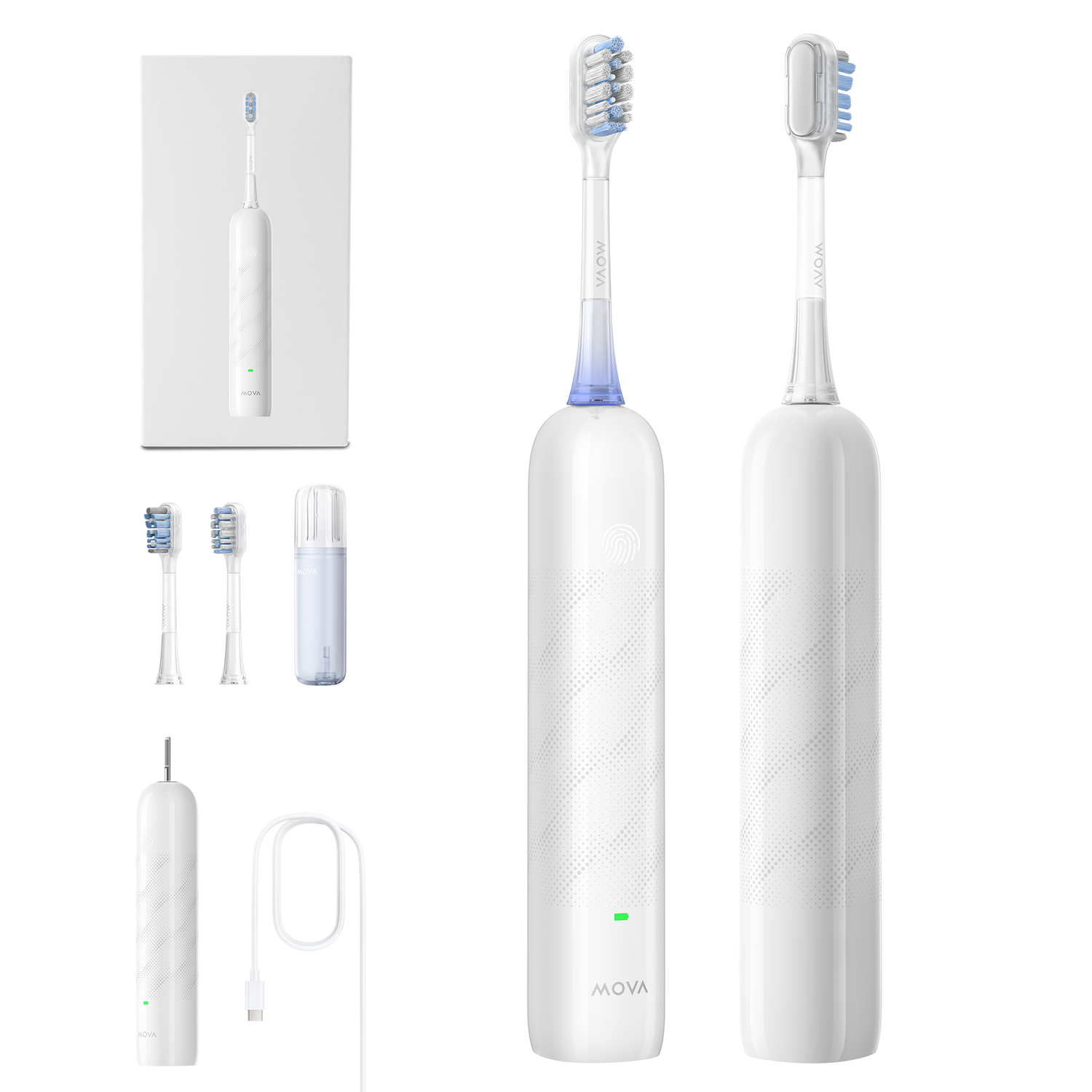 A white electric toothbrush set with accessories: two brush heads, a charging base, and a USB cable, all on a white background.