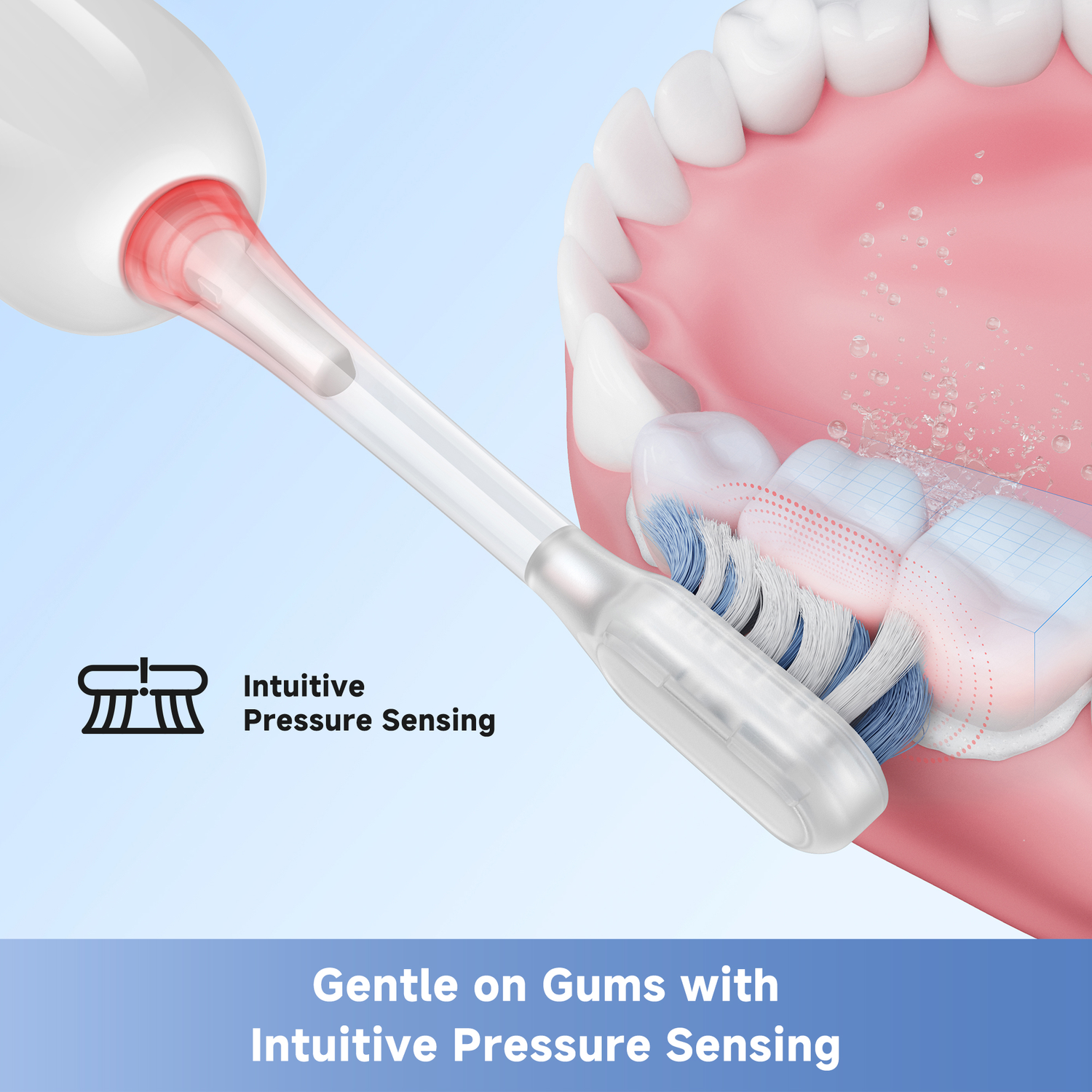 An electric toothbrush cleans teeth in a mouth model. The brush has blue and white bristles. Water sprays. Text says: Gentle on Gums with Intuitive Pressure Sensing.