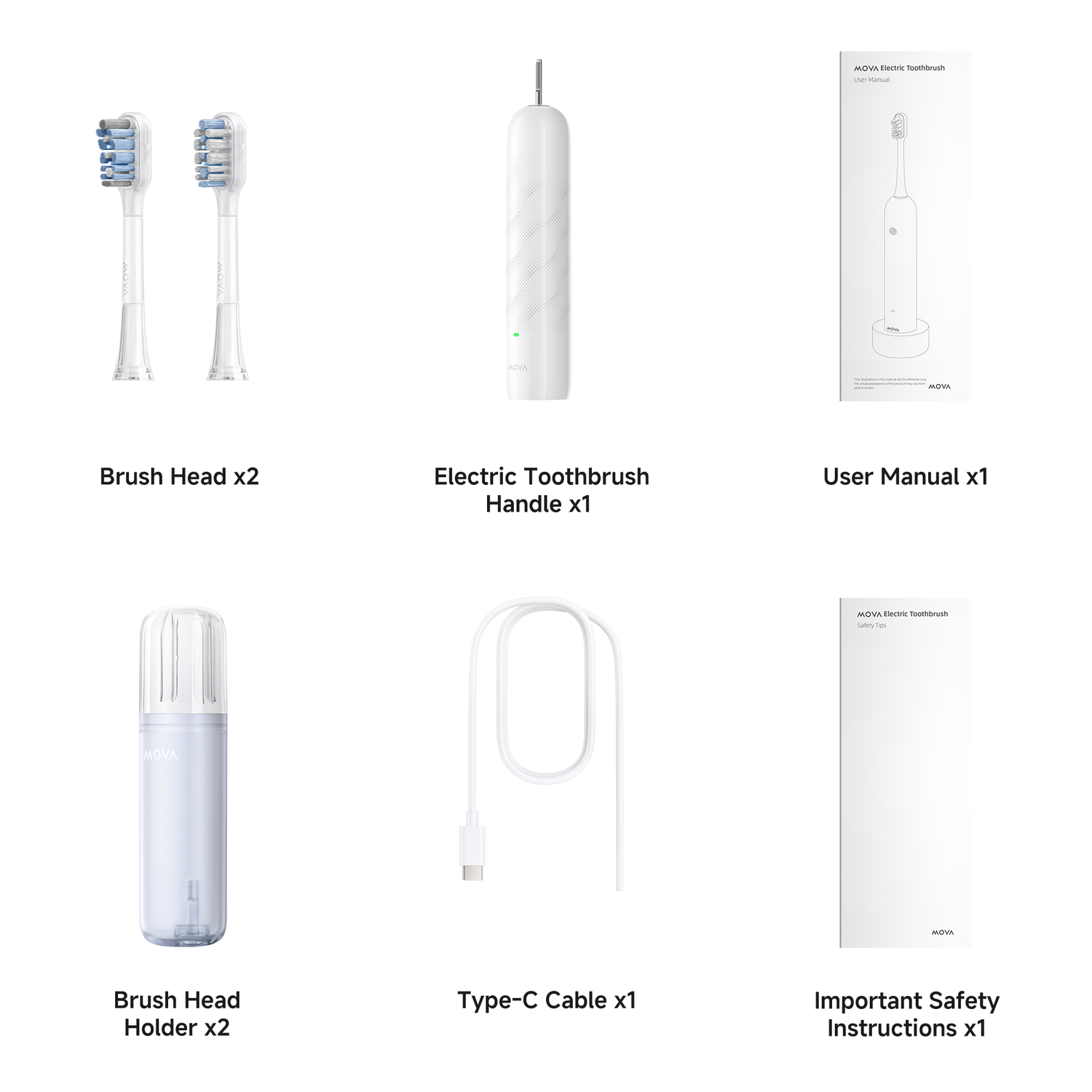 An electric toothbrush kit is displayed. It includes two brush heads, a handle, user manual, holder, USB-C cable, and safety instructions.