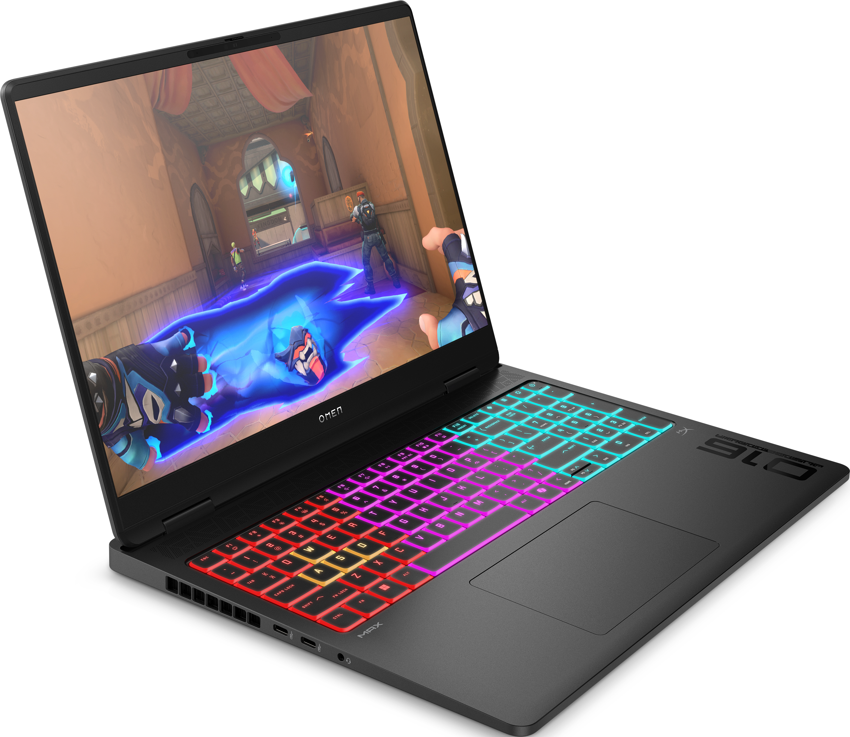 Gaming-Laptop mit Spiel auf dem Bildschirm. Beleuchtete Tastatur, Omen-Logo und 916 an der Seite.