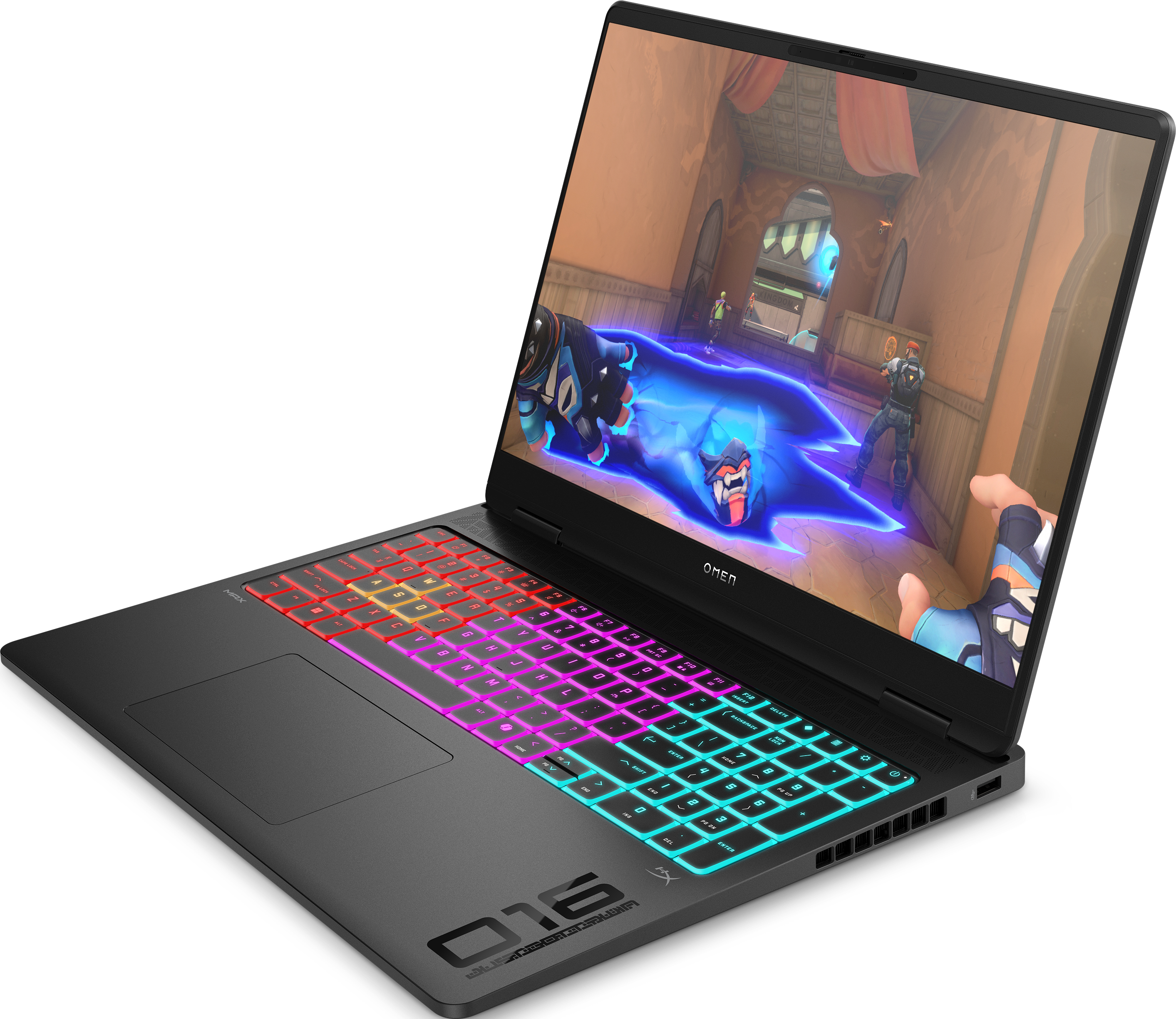 Ein schwarzer Omen-Laptop zeigt eine Spielszene. Die Tastatur leuchtet in mehreren Farben. Schwarzer Hintergrund.