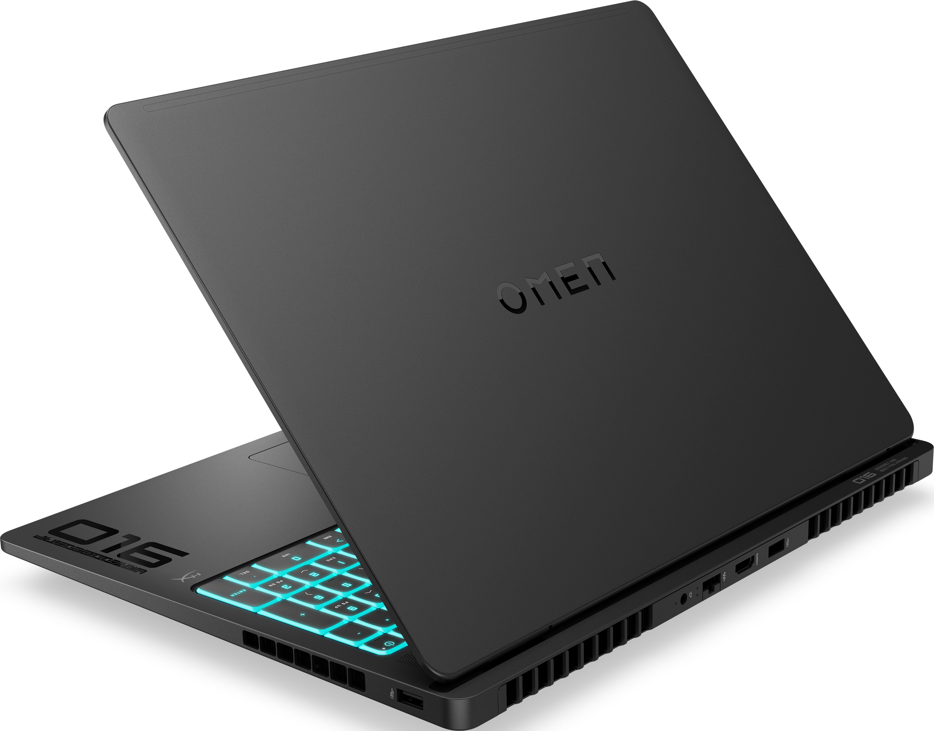 Ein schwarzes OMEN-Laptop ist teilweise geöffnet und zeigt eine leuchtende Tastatur. Das OMEN-Logo ist sichtbar.