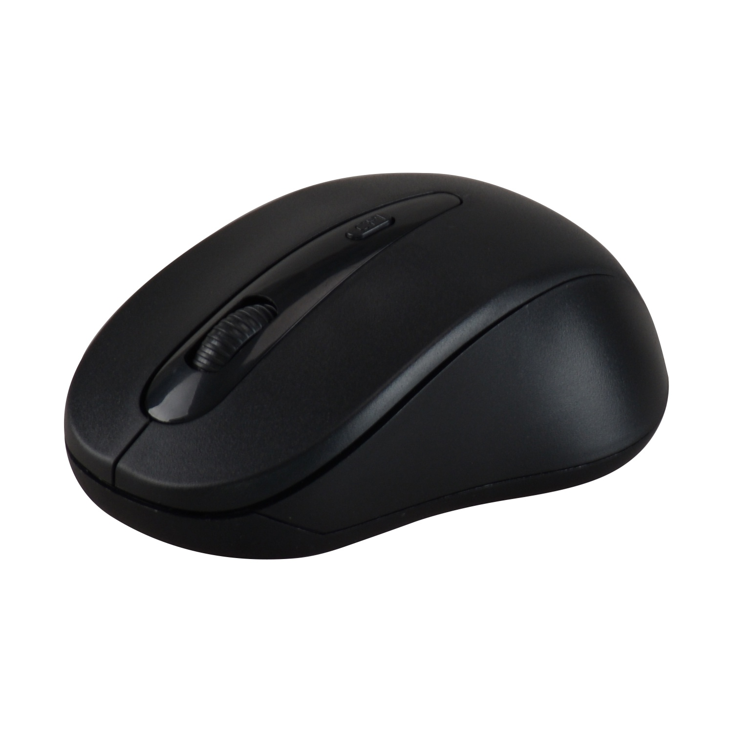 Un mouse nero per computer, con rotella e pulsanti. Il mouse è su sfondo bianco.