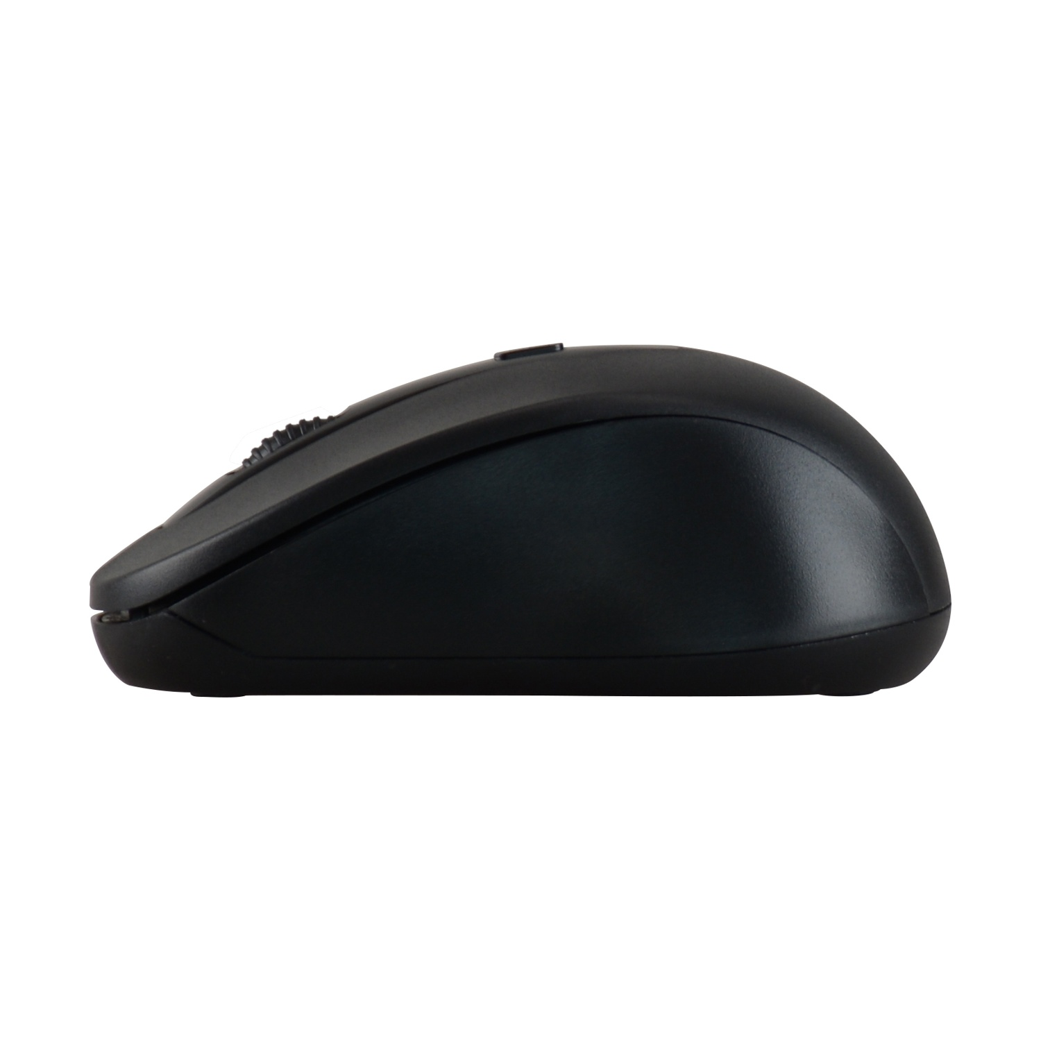 Un mouse per computer nero è mostrato di profilo su sfondo bianco. Il mouse ha un design liscio e arrotondato con una rotellina di scorrimento.