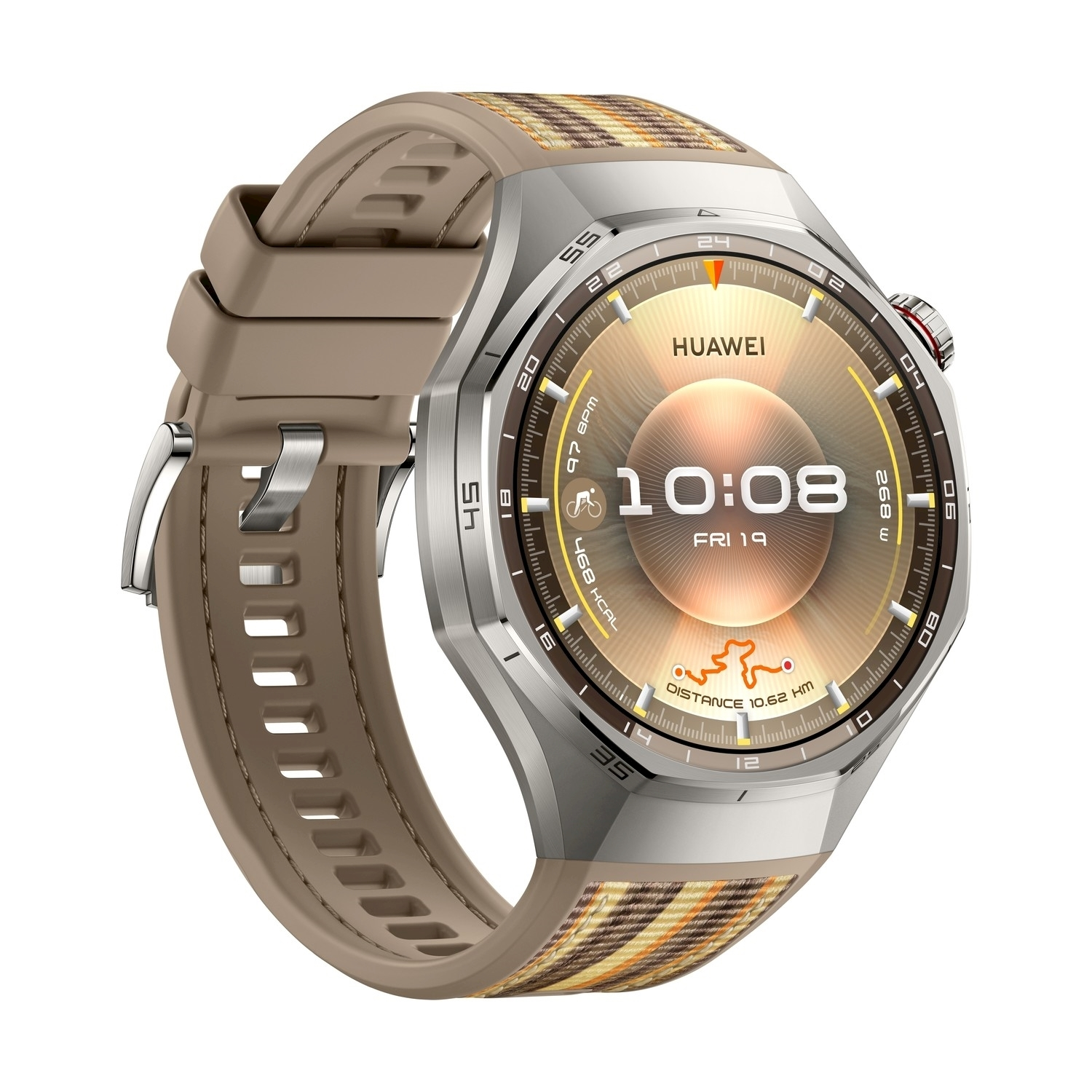 Uno smartwatch Huawei con cinturino marrone e cassa argentata. Lo schermo mostra l'ora e le metriche di salute. Il cinturino ha un motivo a quadri.