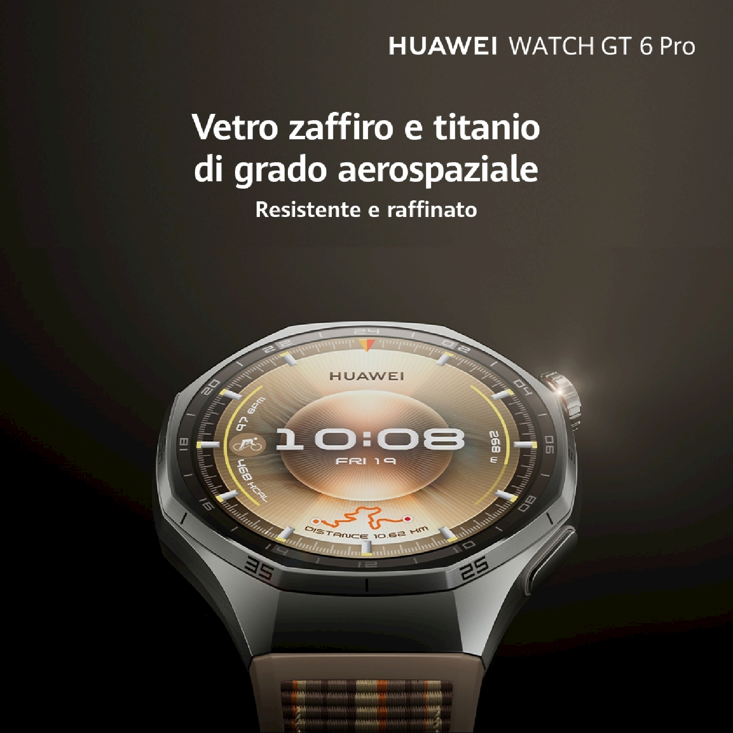 Un orologio Huawei Watch GT 6 Pro con cassa argentata, cinturino beige e quadrante che mostra l'ora, la data e le metriche di attività.