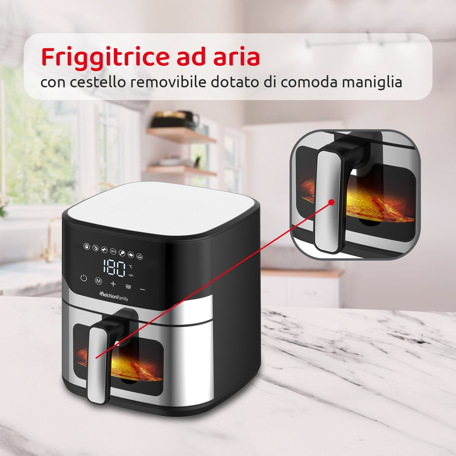 Una friggitrice ad aria con cestello rimovibile. È nera e argentata, con display digitale a 180°C. Primo piano interno.