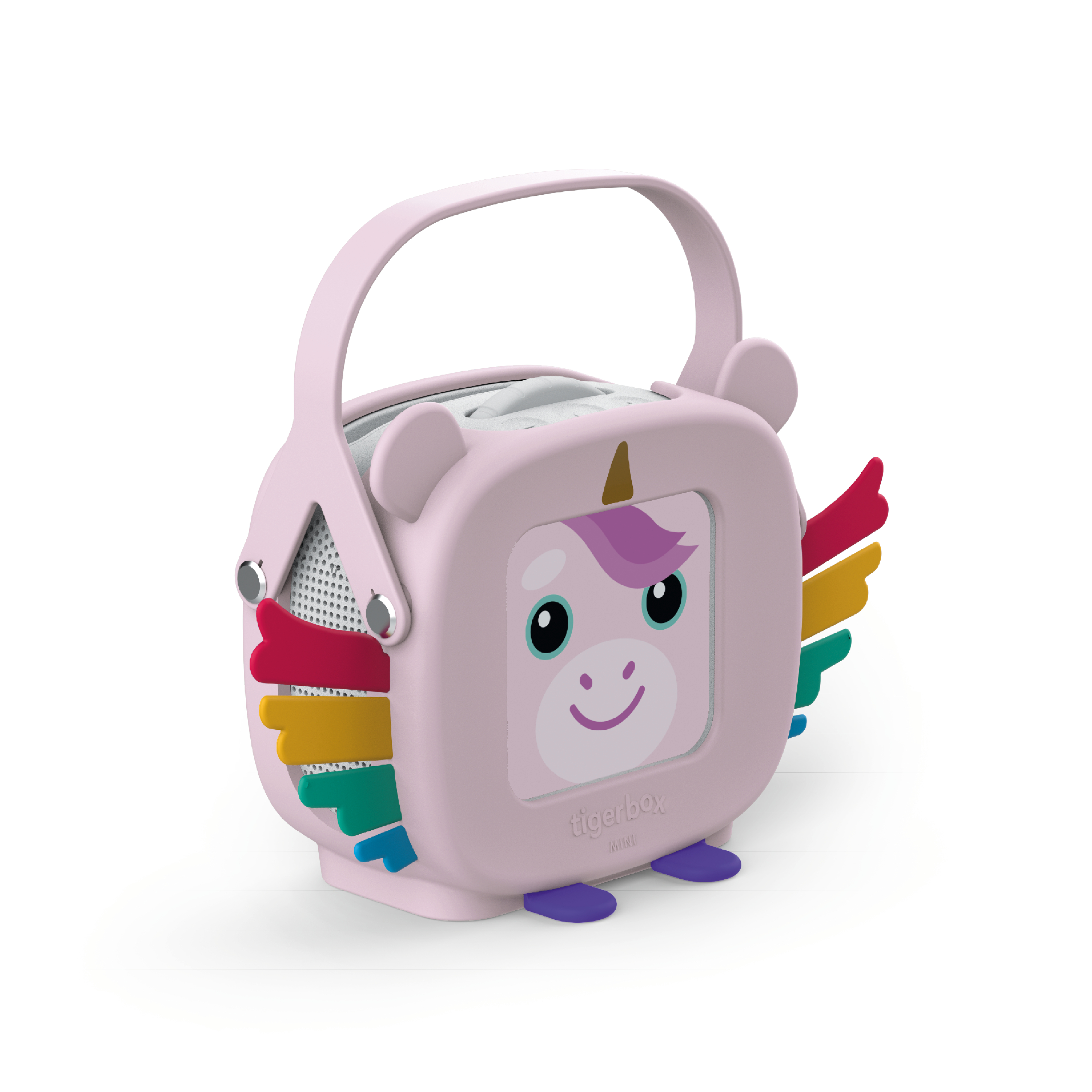 Ein rosa, einhornförmiges Spielzeug mit Griff, Flügeln und einem lächelnden Gesicht. Es hat bunte FlügeldDetails.