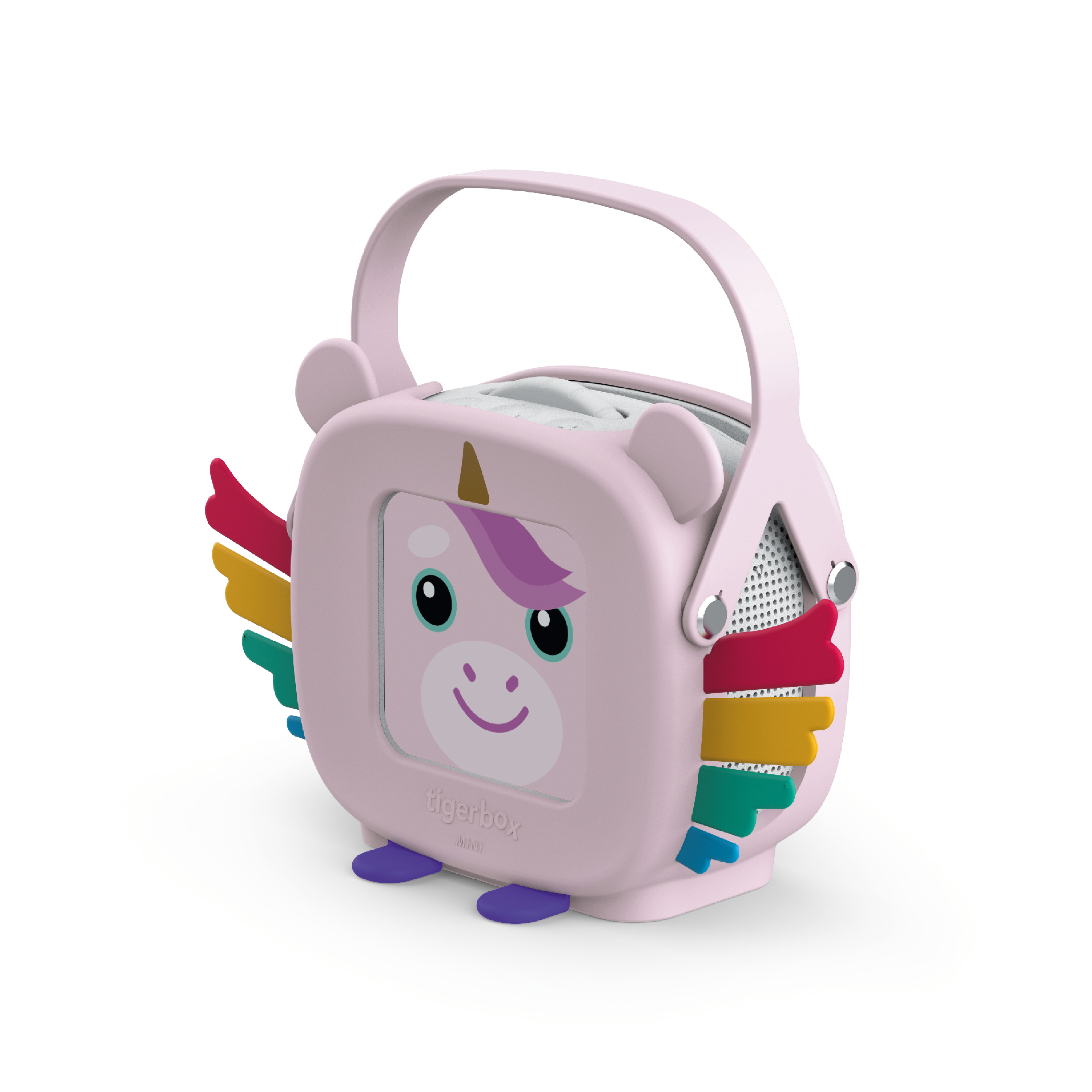 Ein rosa Einhorn-Lautsprecher mit bunten Flügeln, einem Griff und einem lächelnden Gesicht auf der Vorderseite.
