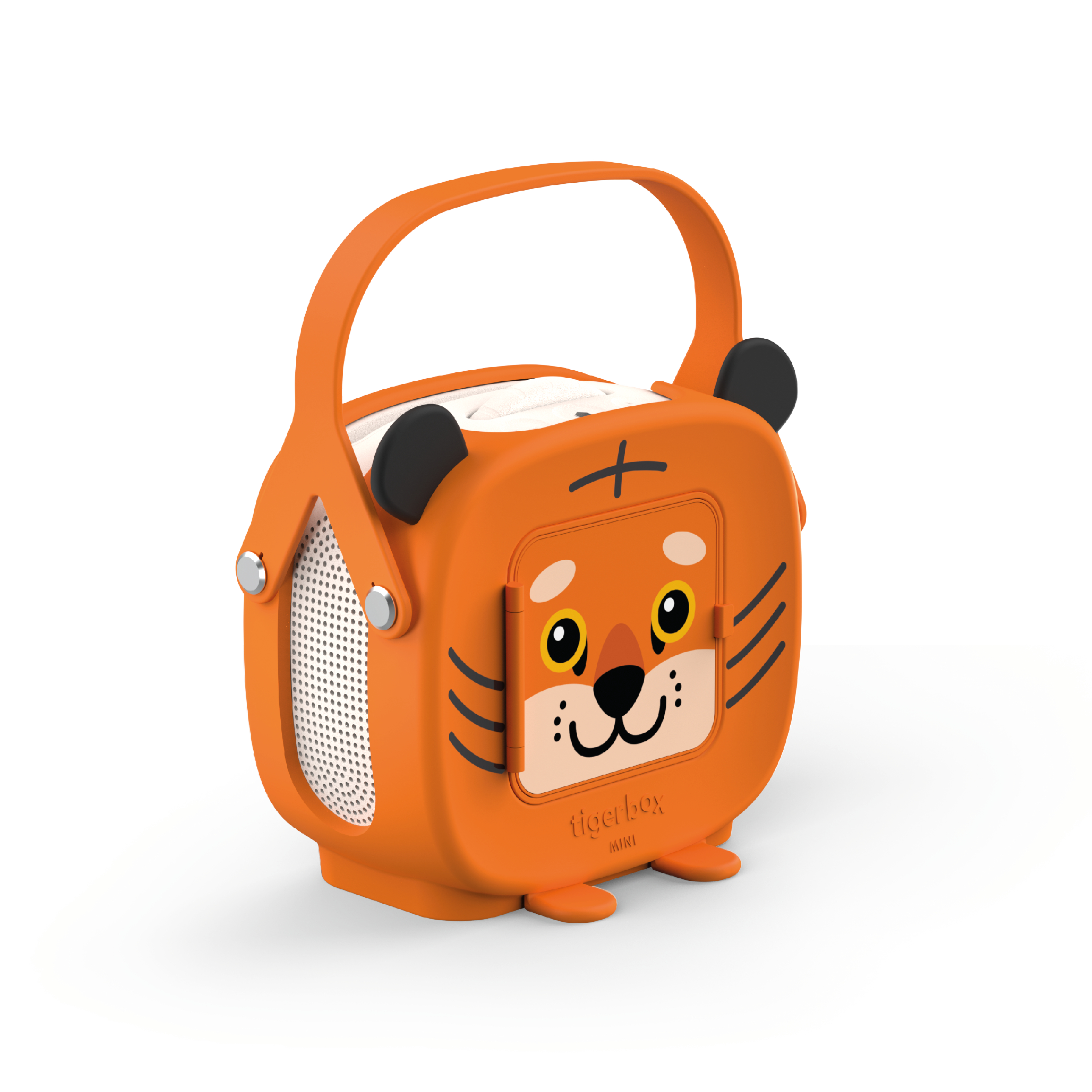 Ein orangefarbener Lautsprecher mit Tigergesicht und Griff. Er hat schwarze Ohren und eine kleine Klappe mit Tigergesicht.