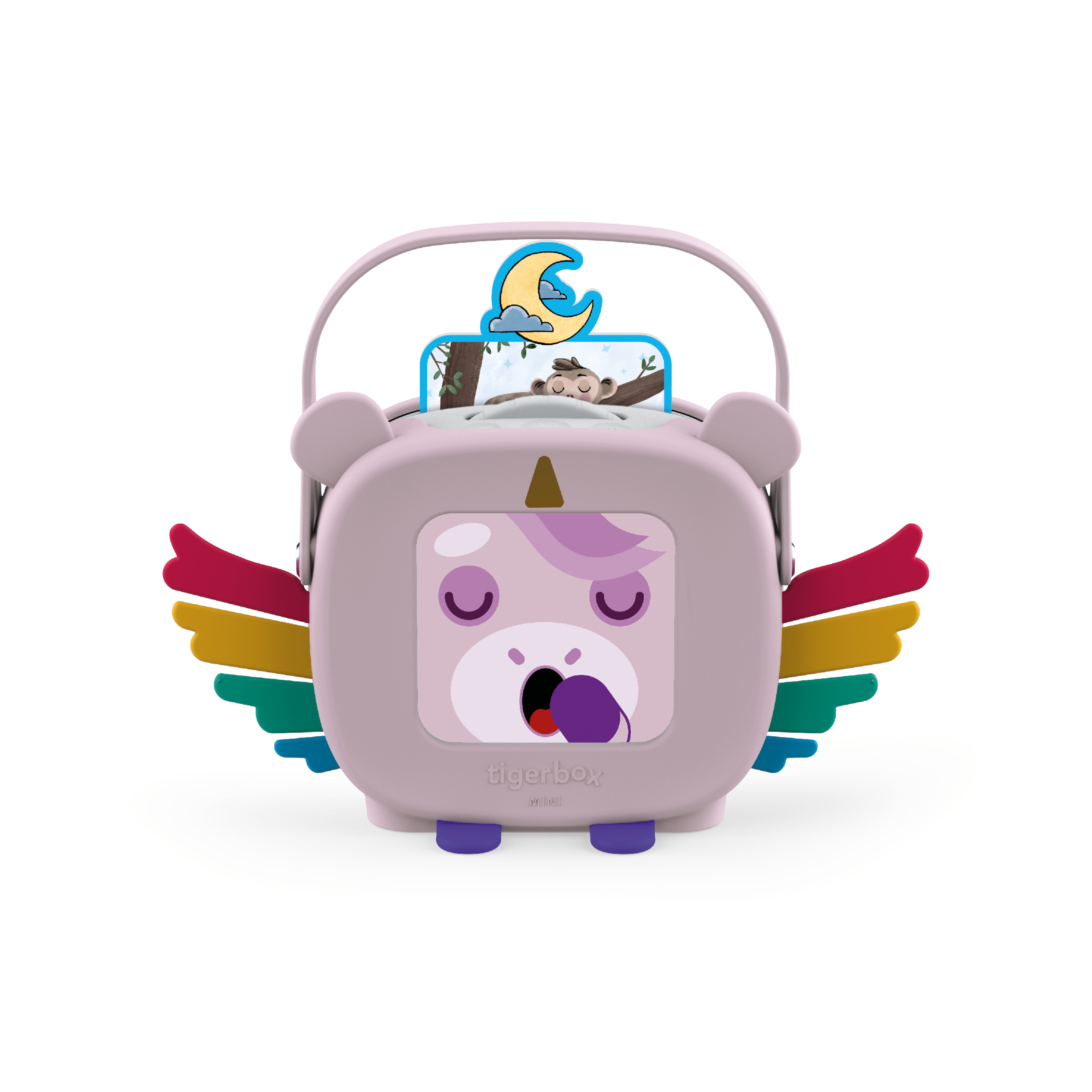 Ein rosa Tigerbox mit Einhorn-Gesicht, Regenbogenflügeln und einem Bildschirm mit einem schlafenden Affen. Es hat einen Griff.