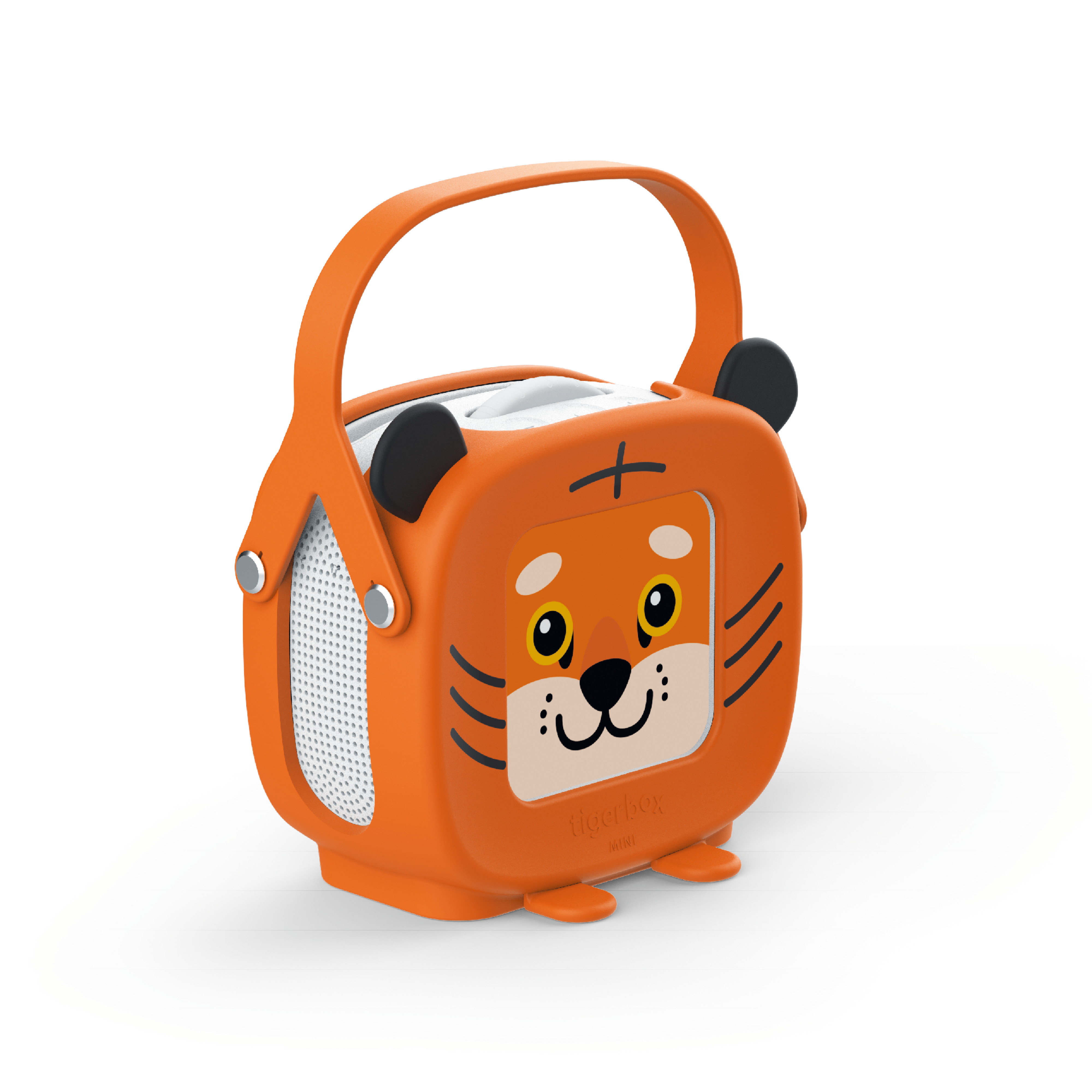 Orangener Lautsprecher mit Tigergesicht. Hat einen Griff und kleine schwarze Ohren. Weiße Lautsprecherabdeckung.