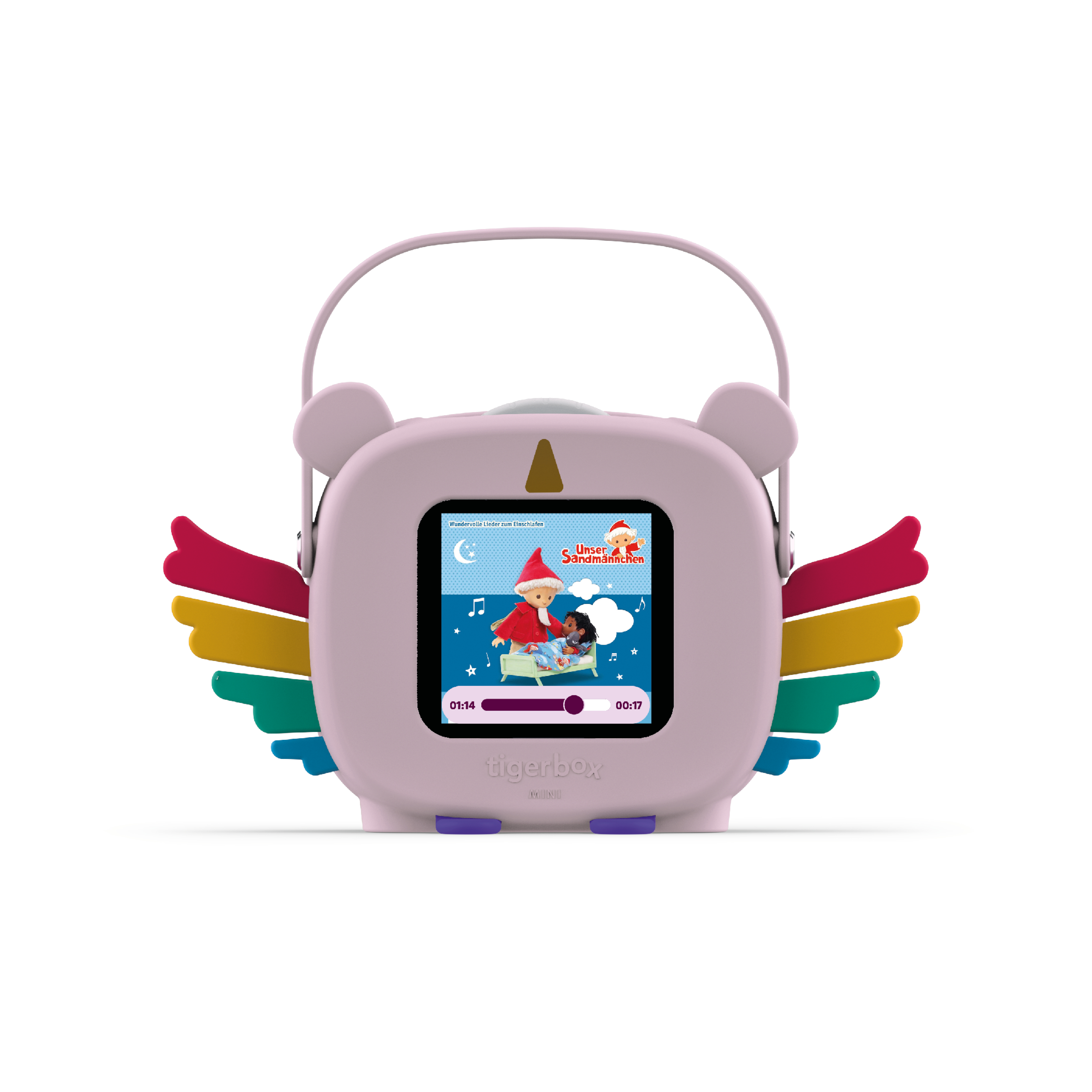 Rosa Tigerbox-Player mit bunten Flügeln, einem Bildschirm mit einem Cartoon und einem Griff. Es ist auf weißem Hintergrund.