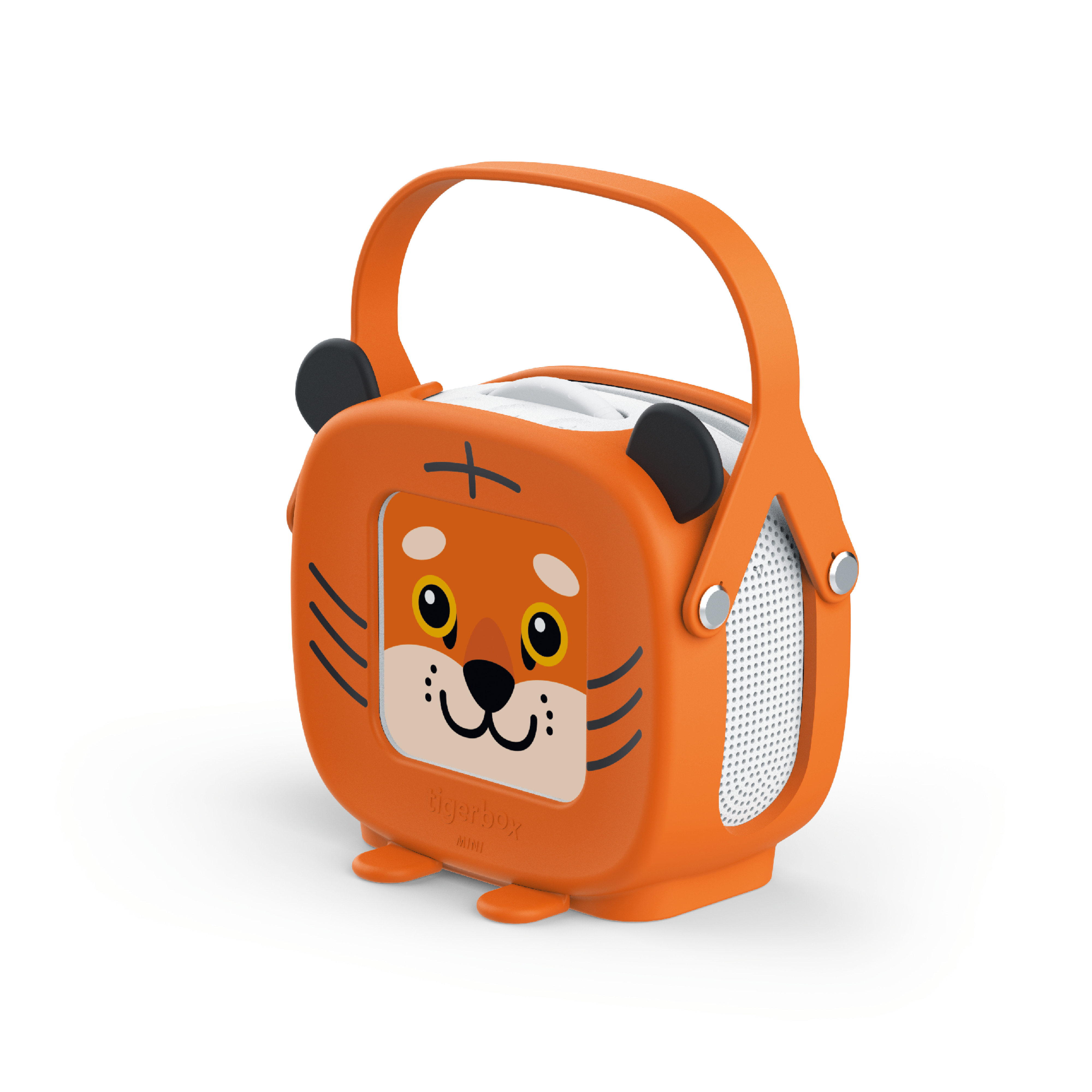 Orangener Lautsprecher mit Tigergesicht. Er hat einen Griff und schwarze Ohren. Das Gesicht hat schwarze Streifen.
