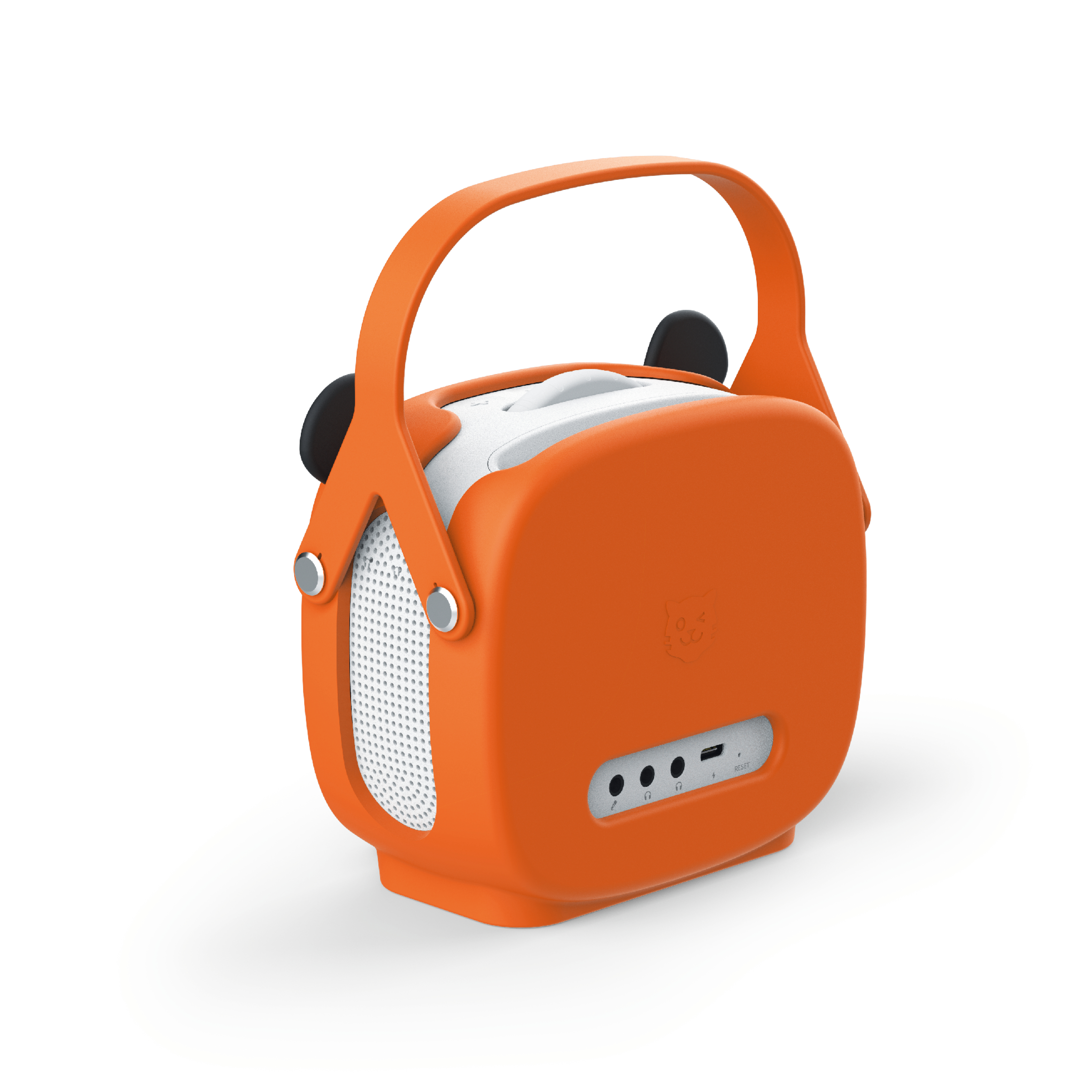 Ein orangefarbener Lautsprecher mit Griff und schwarzen Ohrendetails. Er hat einen weißen Lautsprechergrill und ein Katzenlogo.