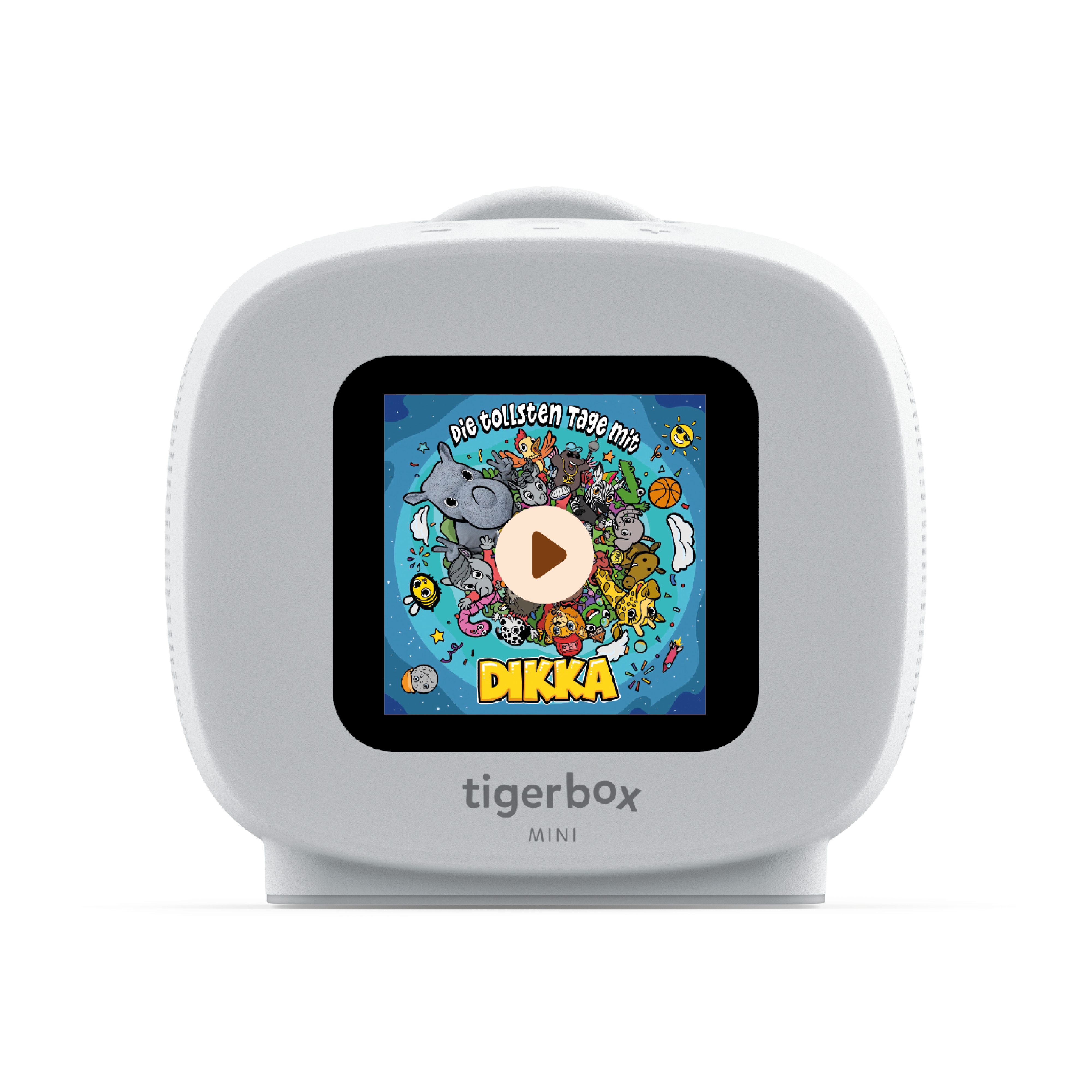 Ein weißes, quadratisches Tigerbox Mini-Gerät zeigt einen bunten Cartoon mit Tieren und dem Wort DIKKA.
