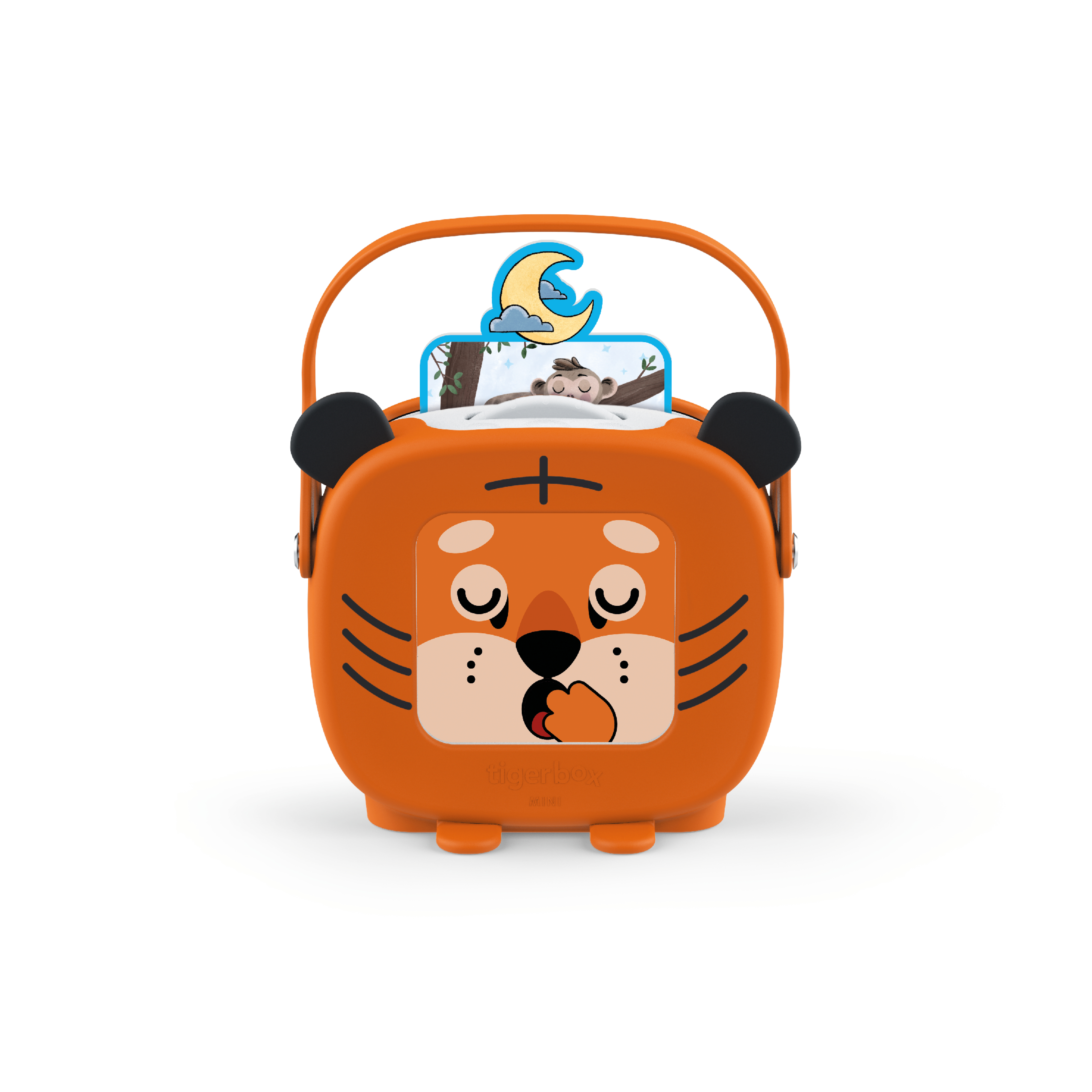 Ein orangefarbenes, tigerförmiges Spielzeug mit Griff, einem schlafenden Affenbild und einem Mond. Es hat schwarze Ohren.