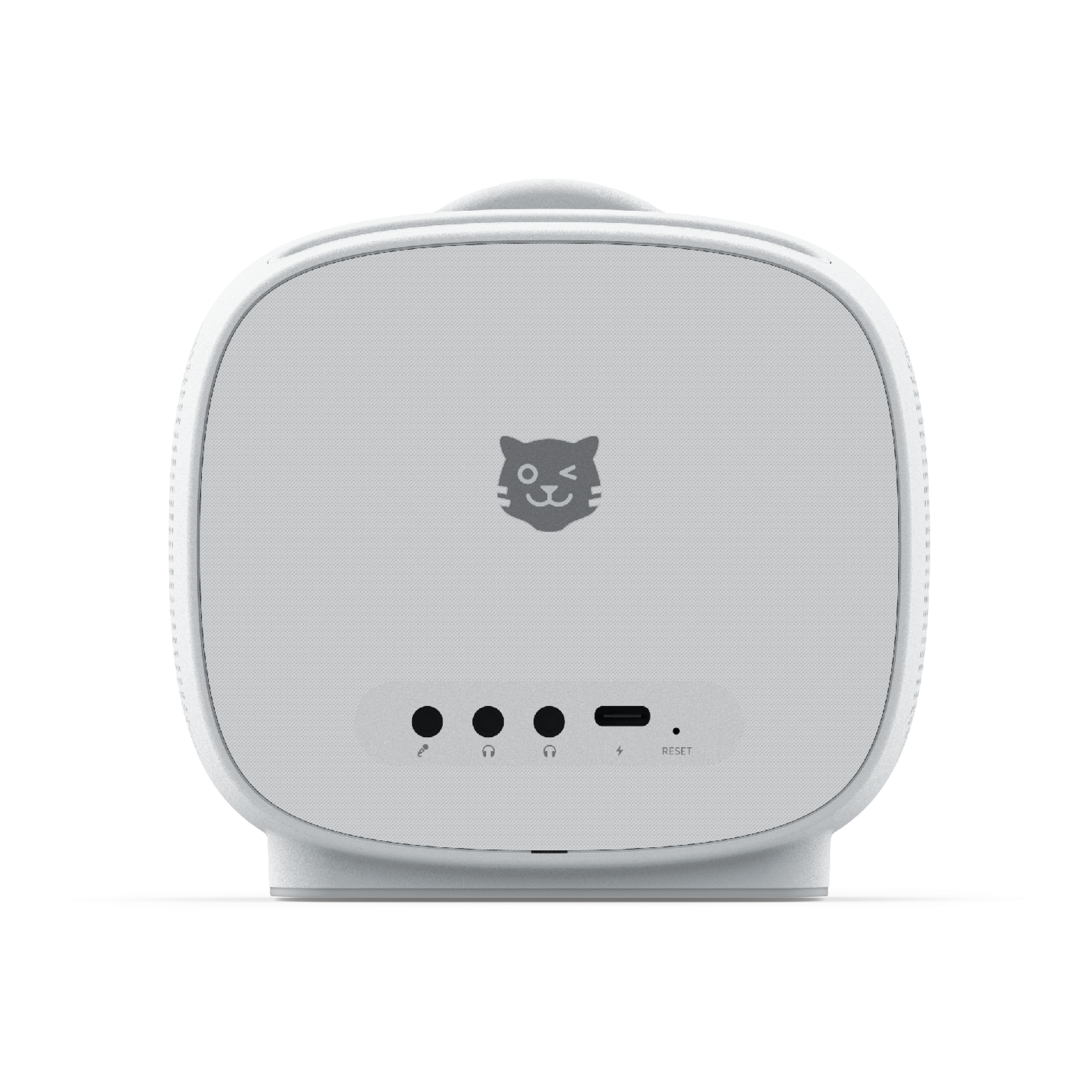 Ein weißer, abgerundeter Lautsprecher mit Katzenlogo. Es hat Eingangsanschlüsse und eine Reset-Taste.