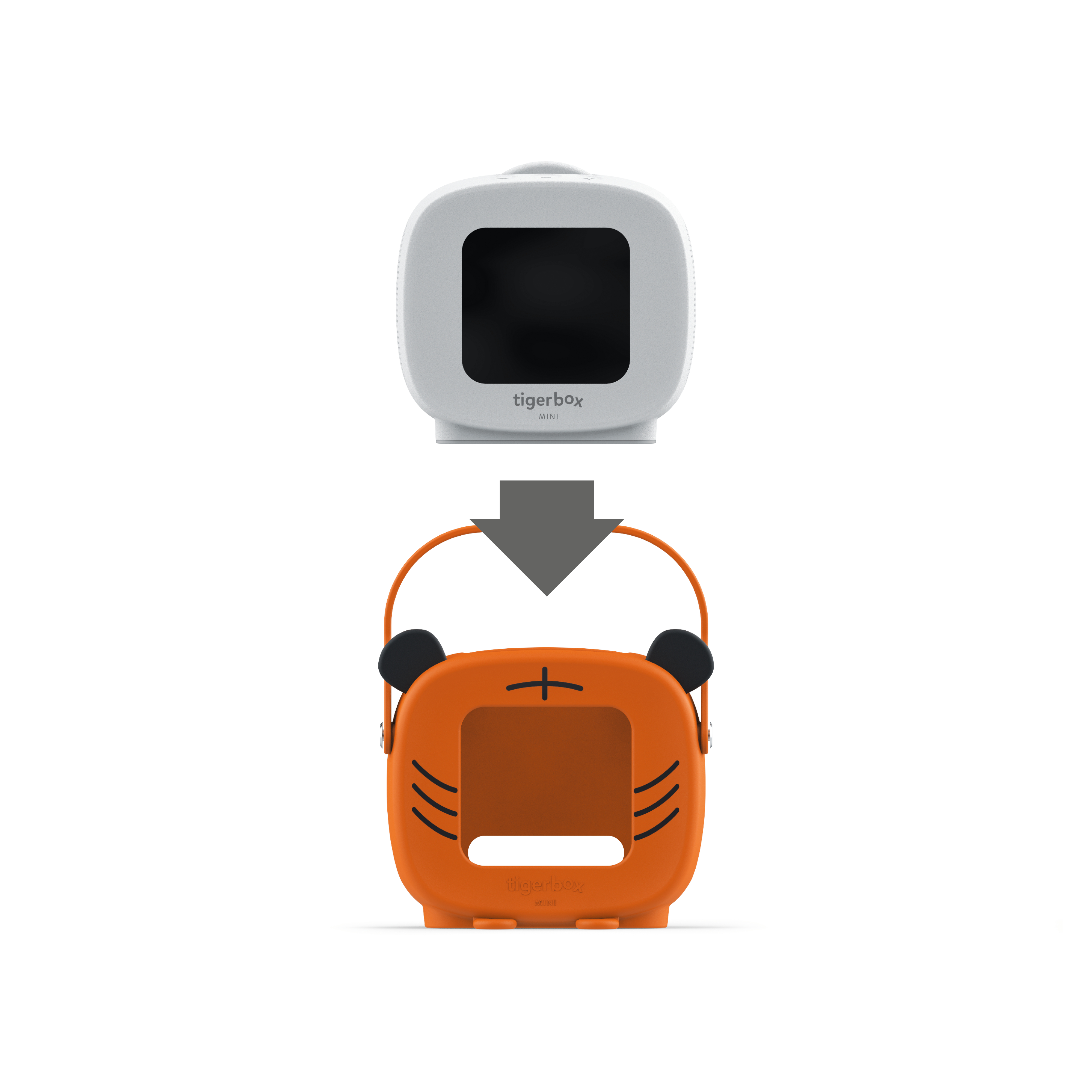Ein orangefarbenes Lautsprechergehäuse im Tiger-Design unter einem weißen Lautsprecher. Ein grauer Pfeil zeigt auf das orangefarbene Gehäuse.