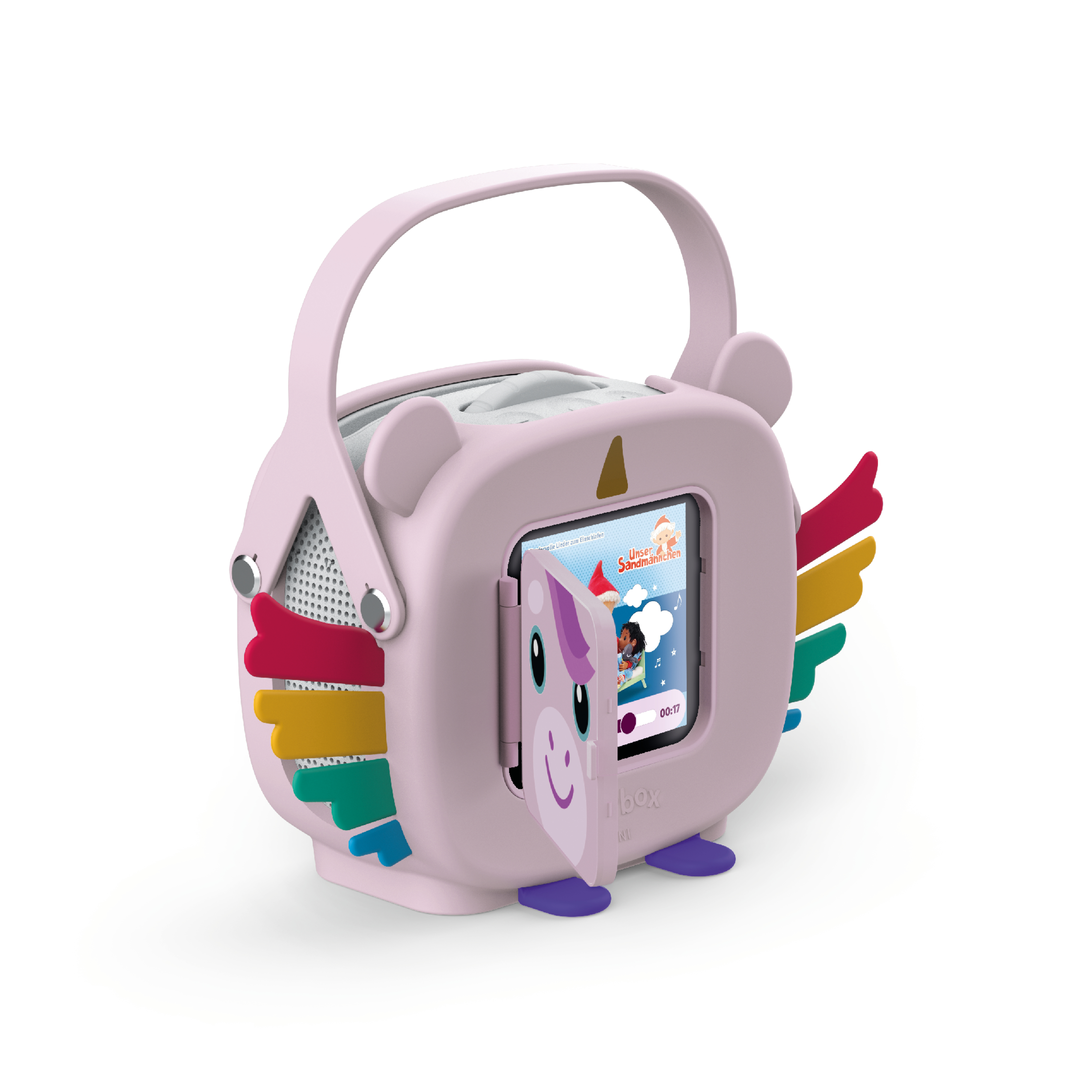 Ein rosa Einhorn-Lautsprecher mit Flügeln und einem Bildschirm, der einen Cartoon zeigt. Griff oben. Weißer Hintergrund.