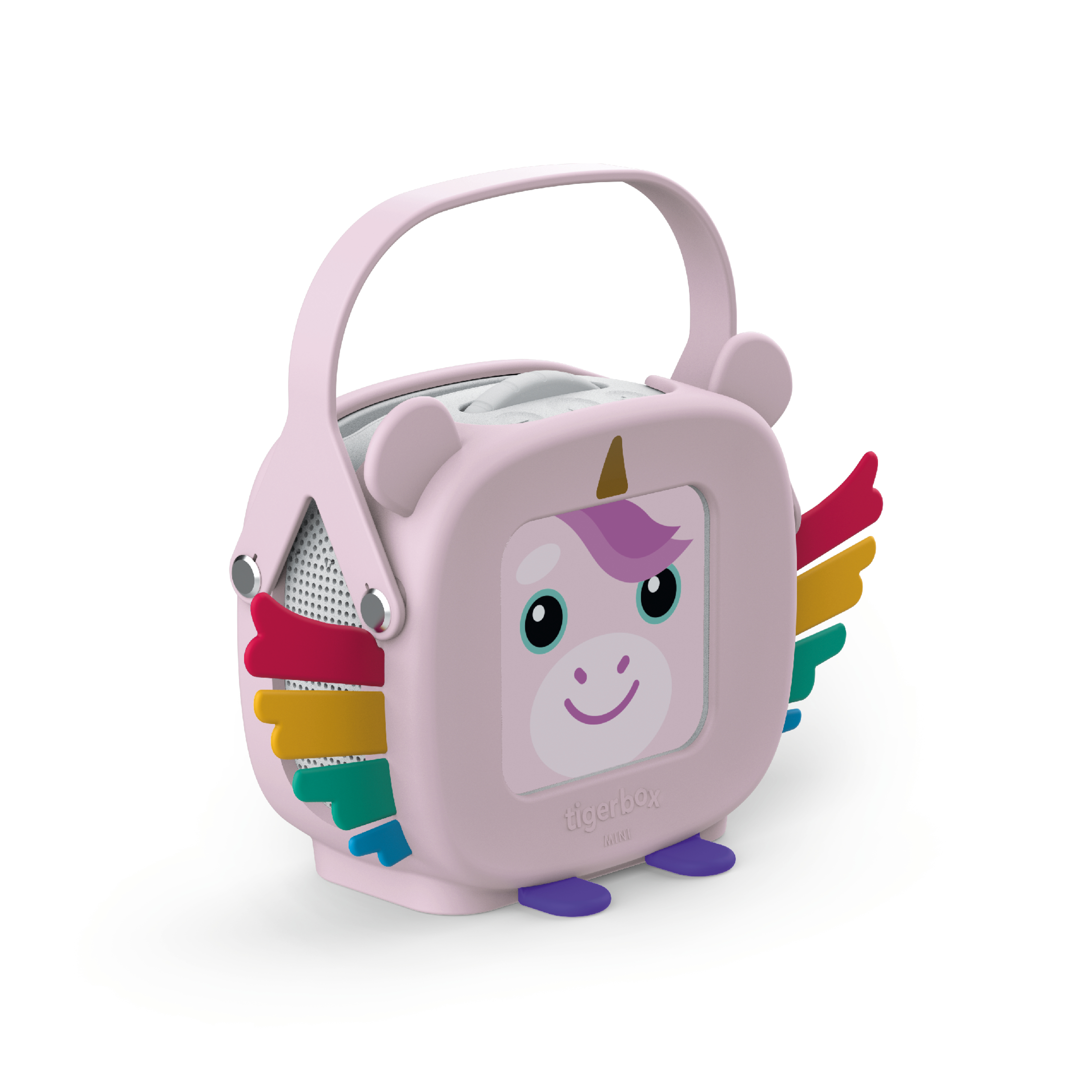 Ein rosa Tigerbox Mini mit Einhorn-Motiv. Es hat einen Griff, Flügeldarstellungen und ein lächelndes Einhorn-Gesicht.