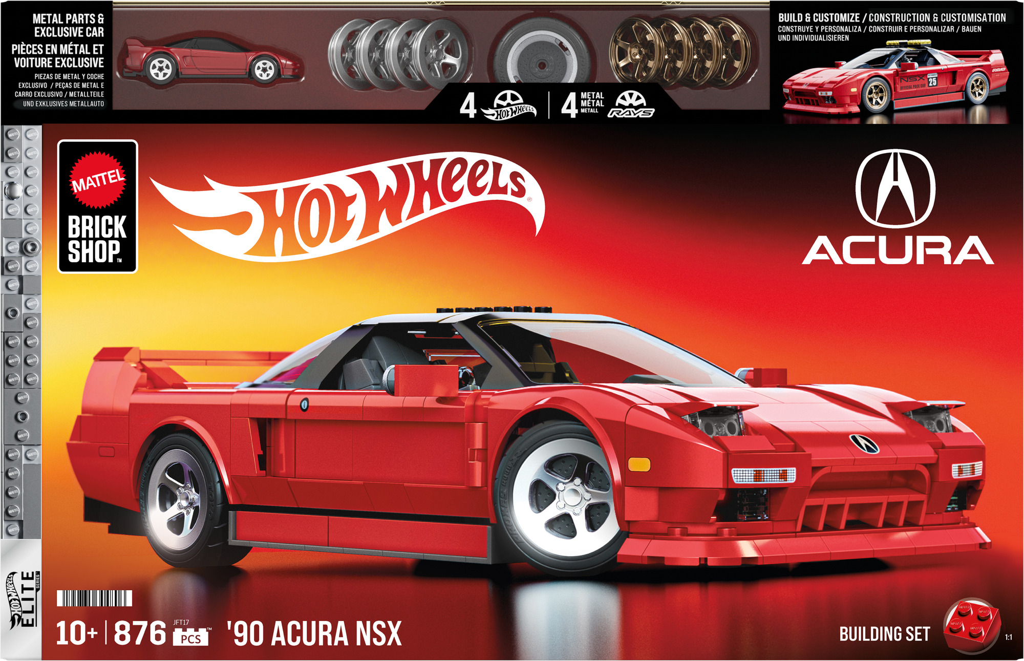 Rotes Acura NSX Modellbausatz. Enthält zusätzliche Räder und Hot Wheels Logo. Hintergrund ist rot mit Acura Logo.
