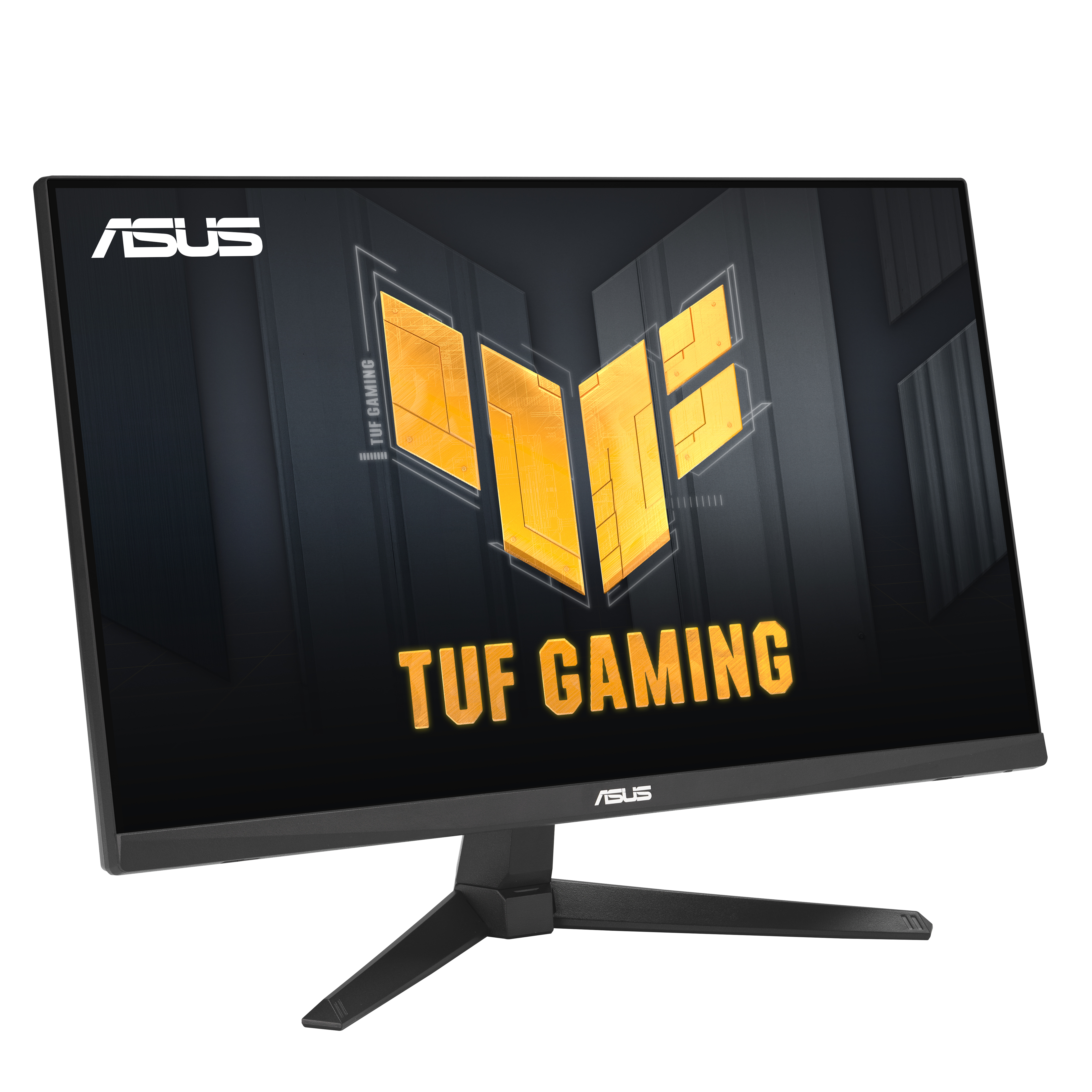 Monitor ASUS TUF Gaming z żółtym logo i podstawką na białym tle.