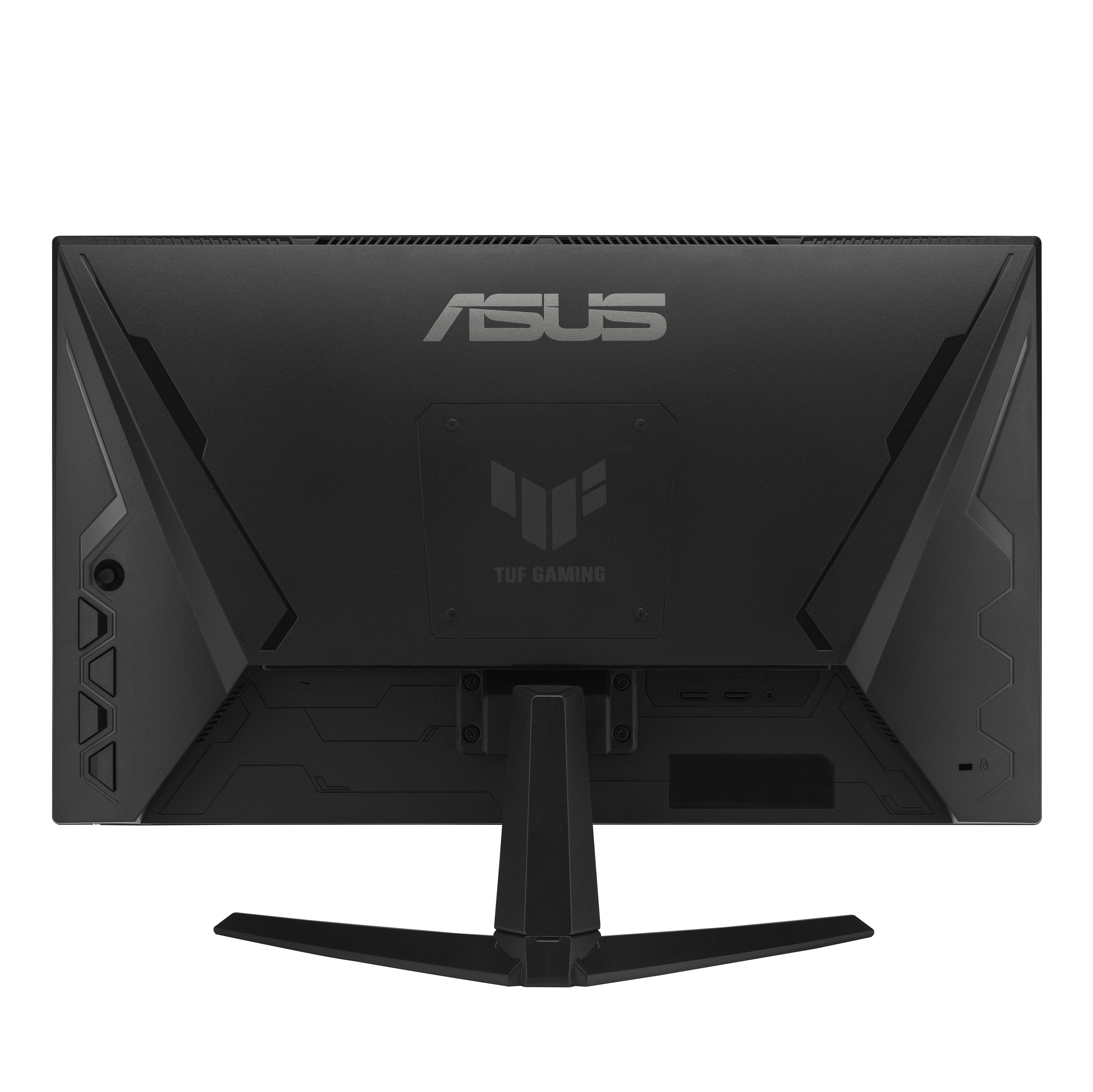 Tył czarnego monitora Asus TUF Gaming ze stojakiem. Zawiera logo i porty.