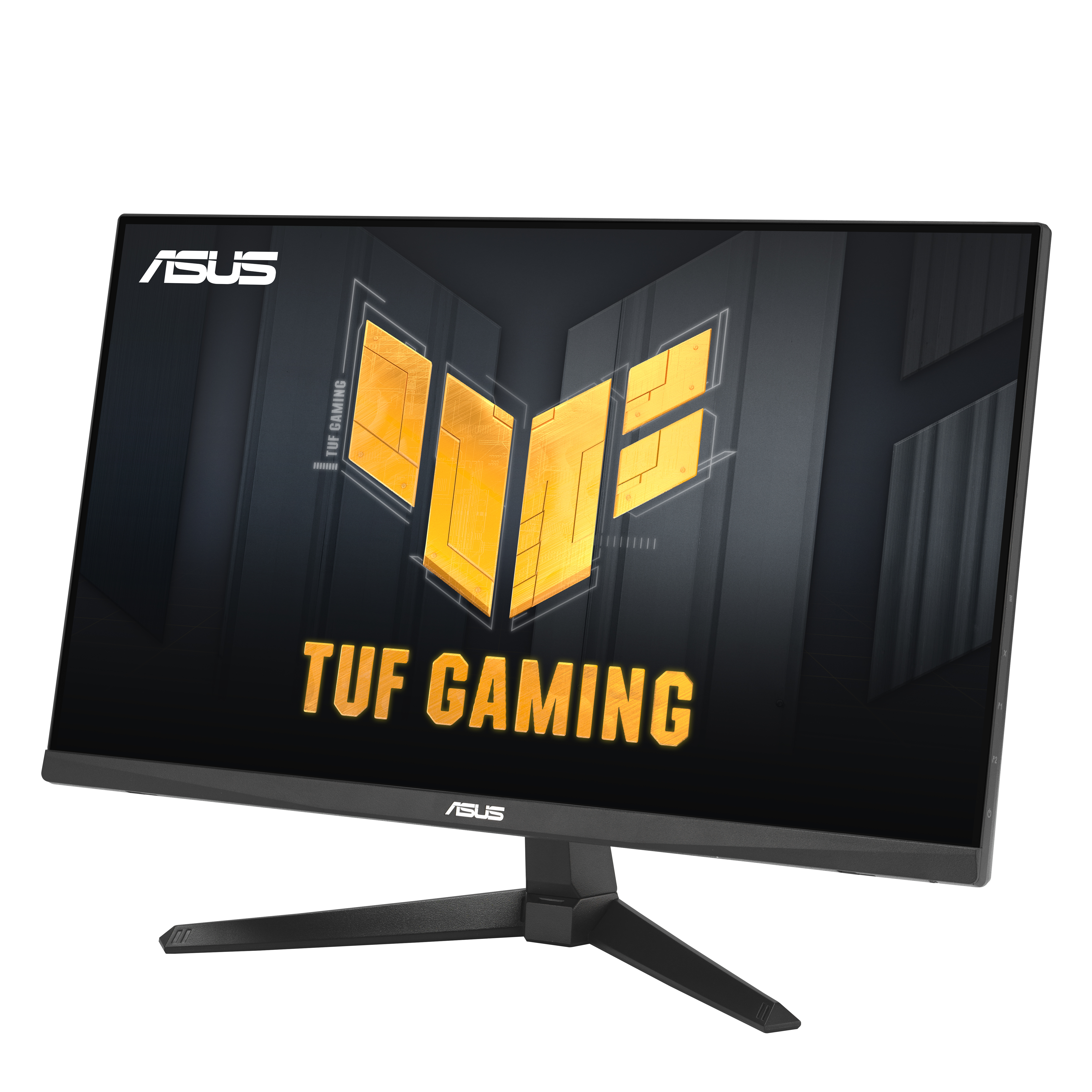Czarny monitor ASUS TUF Gaming z żółtym logo na ekranie.
