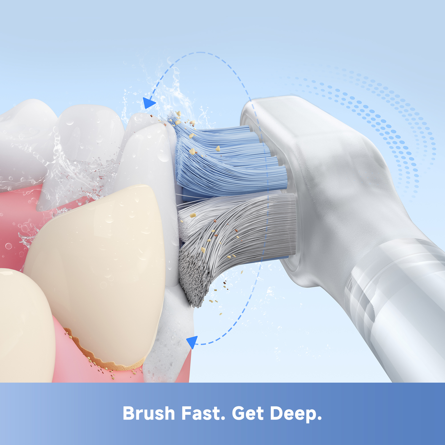 An electric toothbrush cleaning teeth. Blue and grey bristles remove debris. Water sprays, cleaning action. Teeth are beige and white.