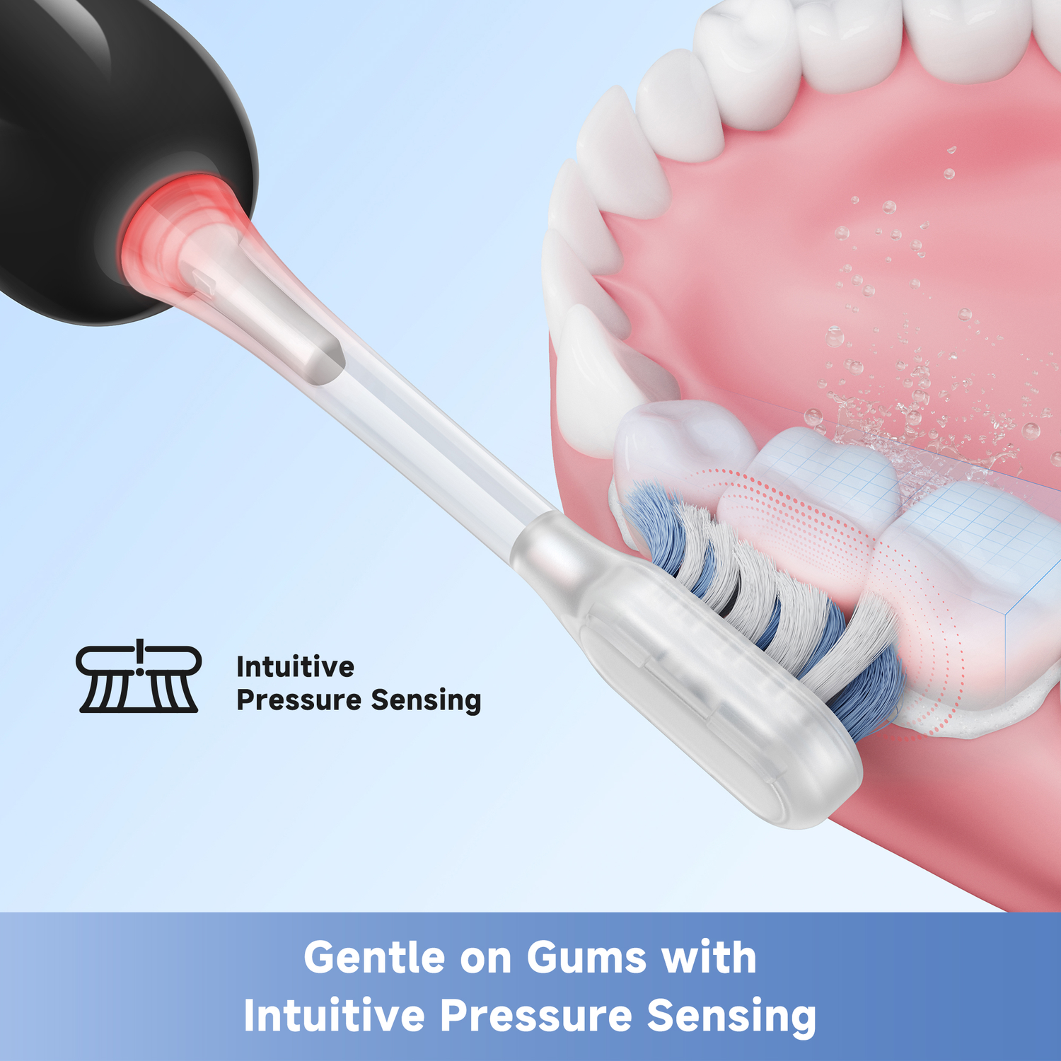 A toothbrush cleaning teeth. It shows the brush, teeth, and gums. Text says 'Intuitive Pressure Sensing' and 'Gentle on Gums'.