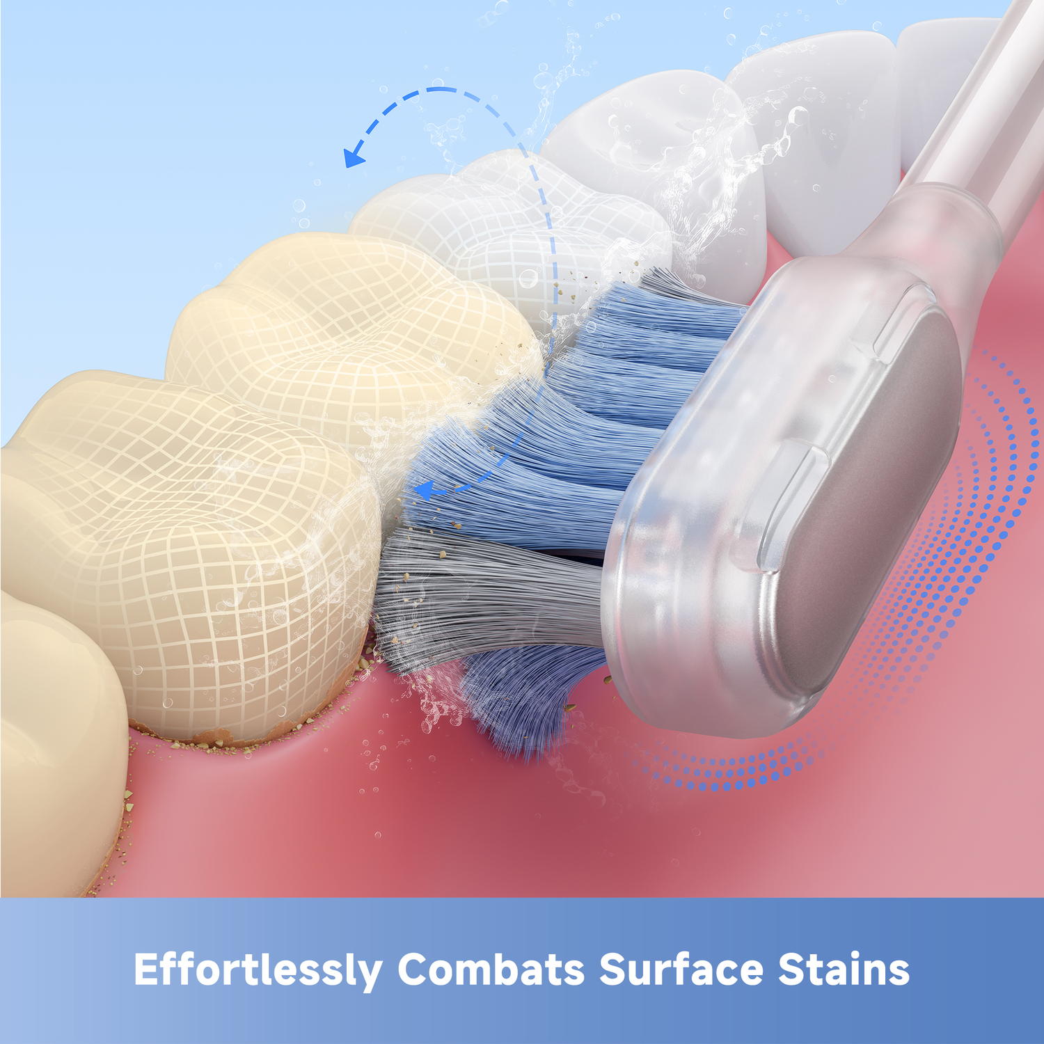 A toothbrush cleans teeth. Blue bristles scrub teeth. Water and bubbles indicate cleaning. Teeth are shown in a pink and blue background.
