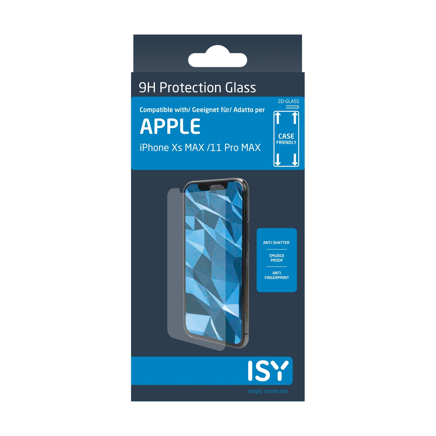 Confezione per protezione schermo iPhone. La scatola mostra un iPhone con un design geometrico blu sullo schermo. Il testo include 'APPLE' e 'ISY'.
