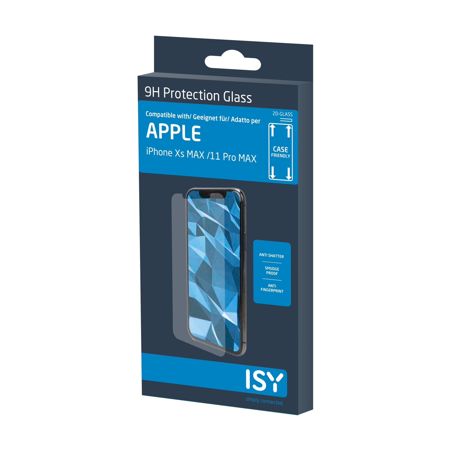 Confezione per protezione schermo iPhone. Caratteristiche: 9H Protection Glass, APPLE, iPhone Xs MAX. Scatola blu scuro, prodotto visibile.