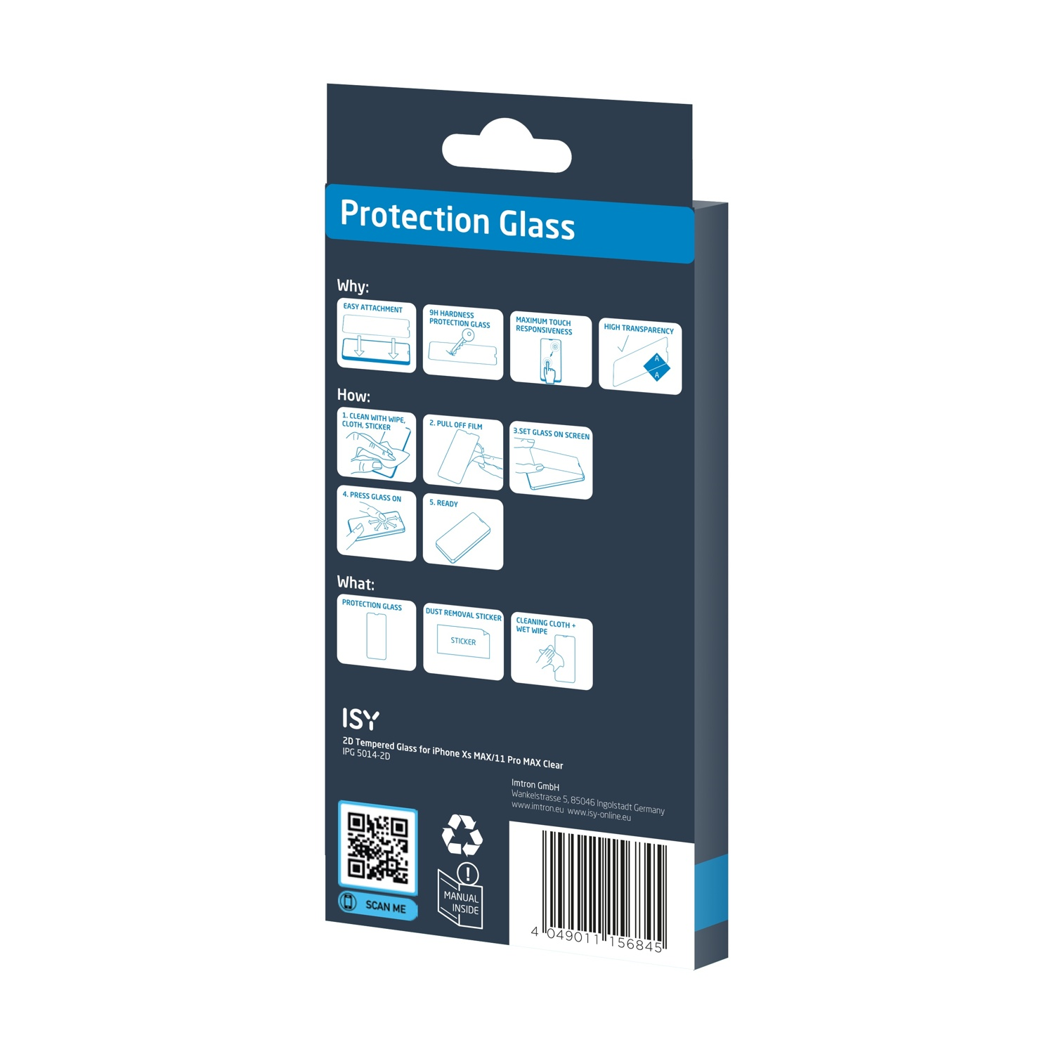 Una scatola blu scuro con 'Protection Glass', schemi applicativi e il marchio ISY.