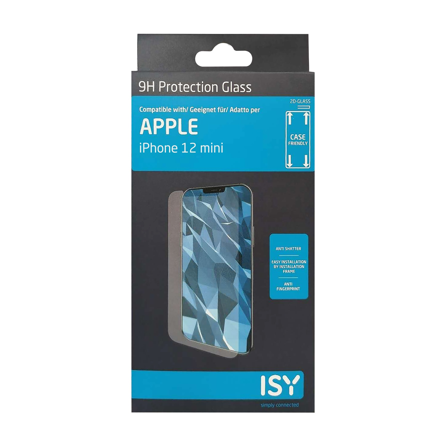 Una scatola per la protezione dello schermo del telefono per iPhone 12 mini. Nera con dettagli blu, mostra il prodotto e il marchio 'ISY'.