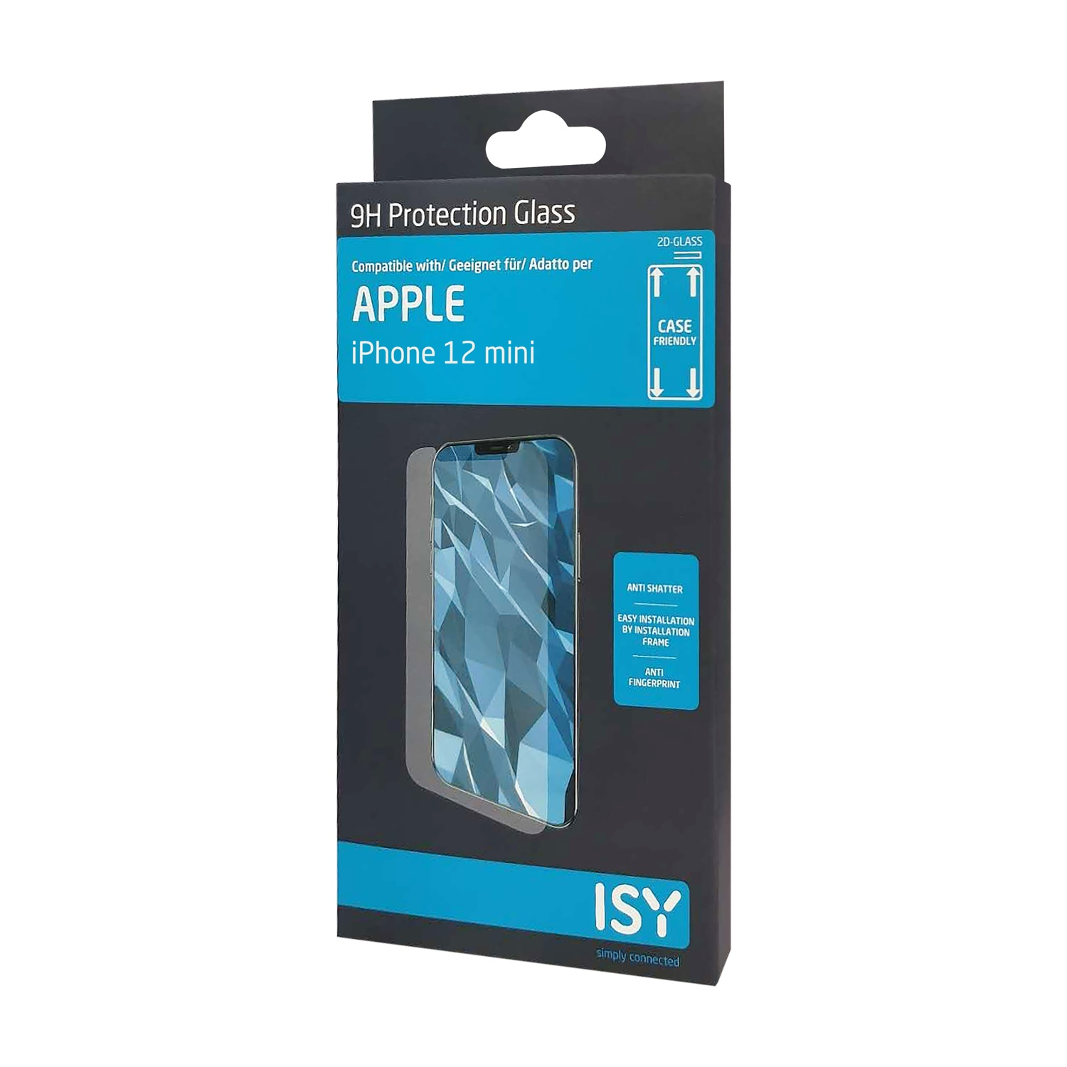 Una scatola nera con una protezione per lo schermo per iPhone 12 mini. Ha il marchio ISY e caratteristiche come anti-rottura e facile installazione.