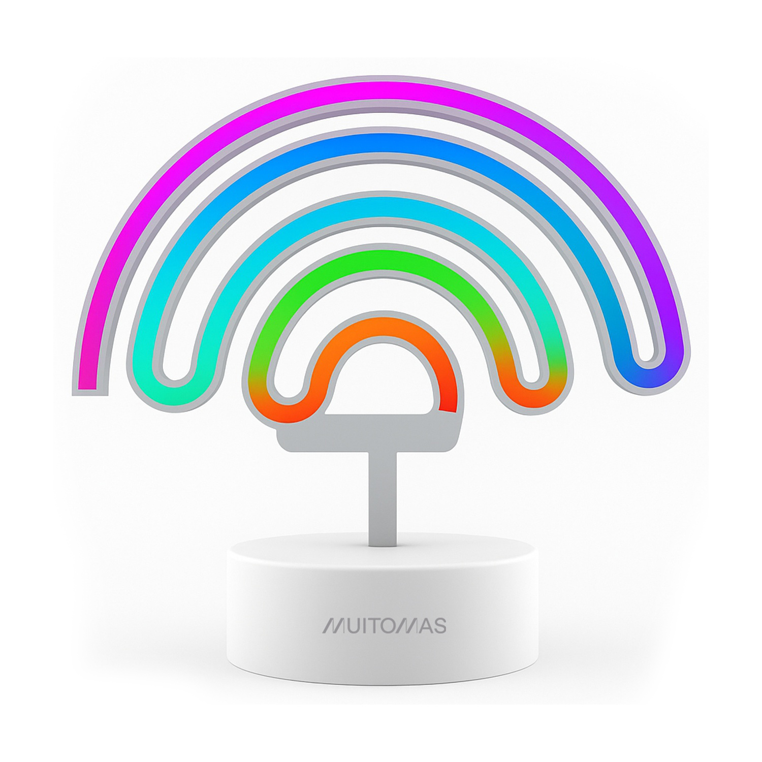 Una colorata luce al neon arcobaleno su una base bianca, con il marchio 'MUITO MAS' visibile sulla base.